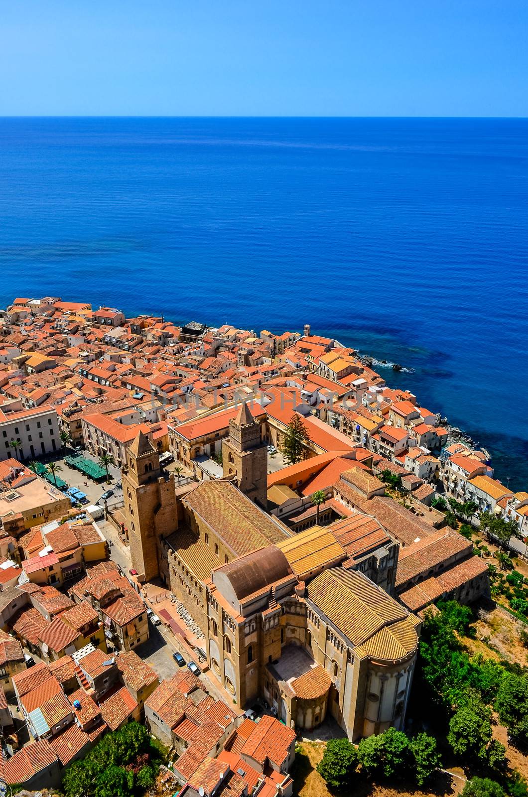 Aerial vertical view of village and cathedral in Cefalu, Sicily by martinm303