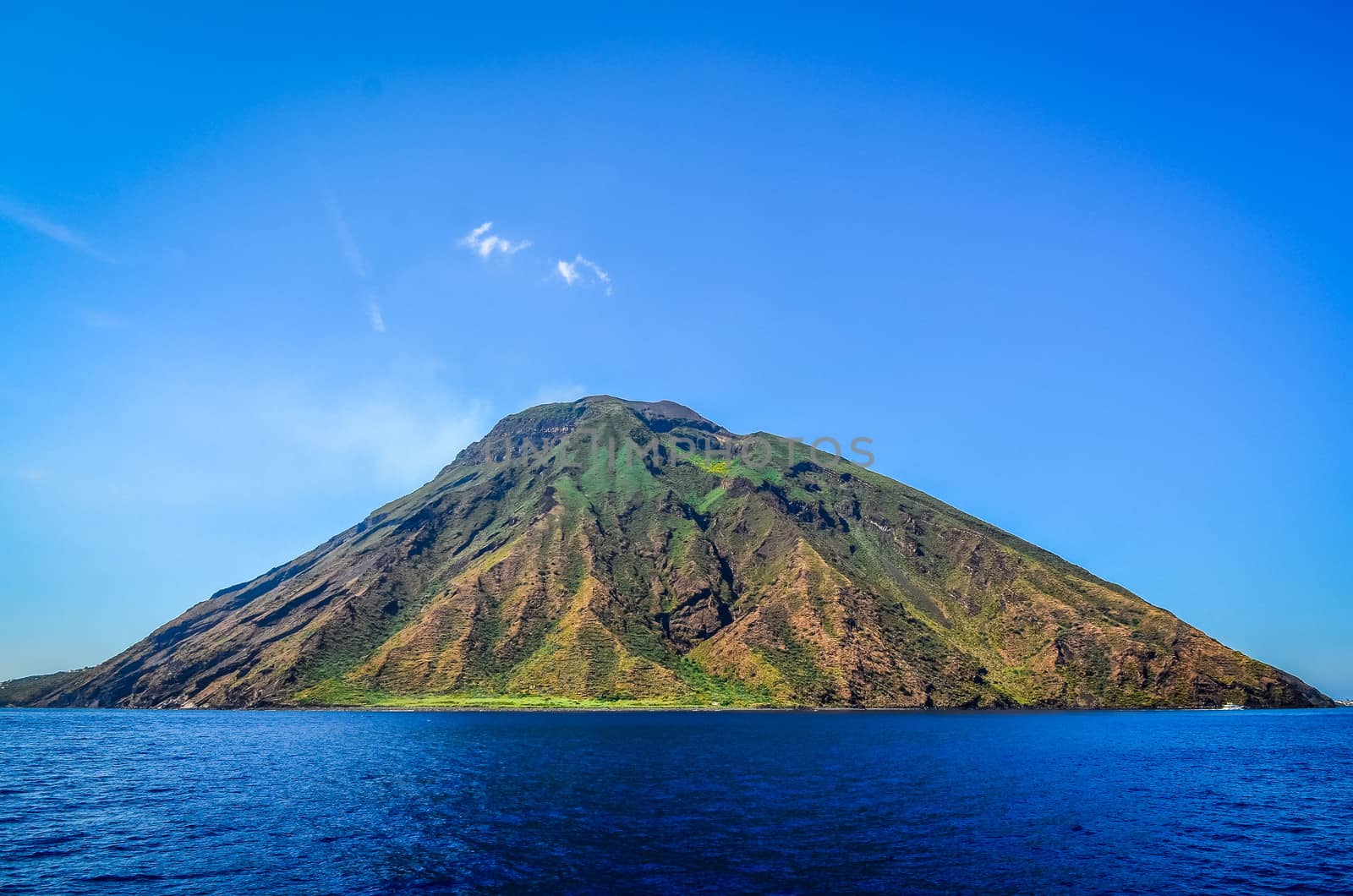 Stromboli volcanic island in Lipari, viewed from the ocean, Sicily, Italy