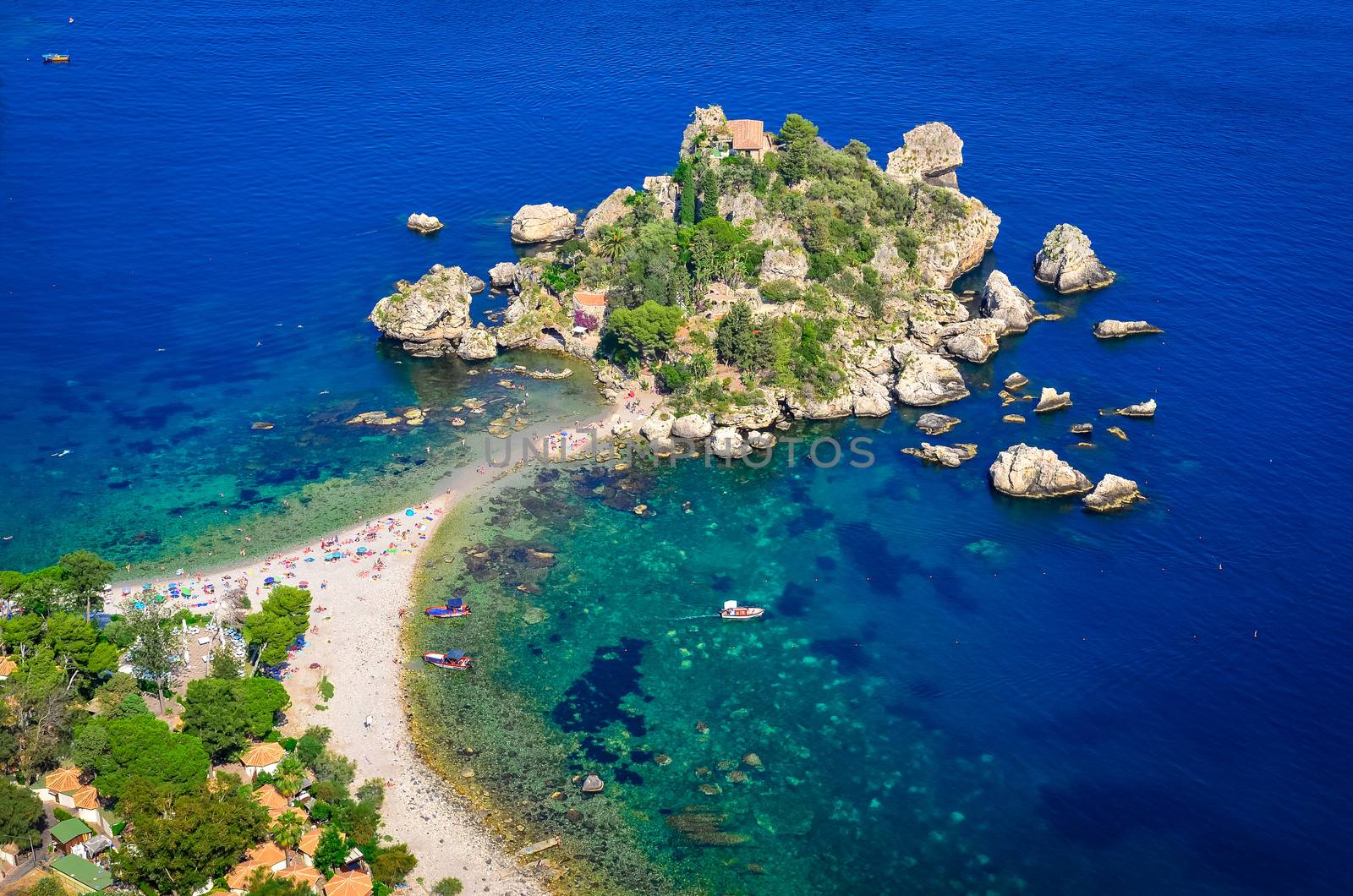 Aerial view of Isola Bella beach in Taormina, Sicily, Italy