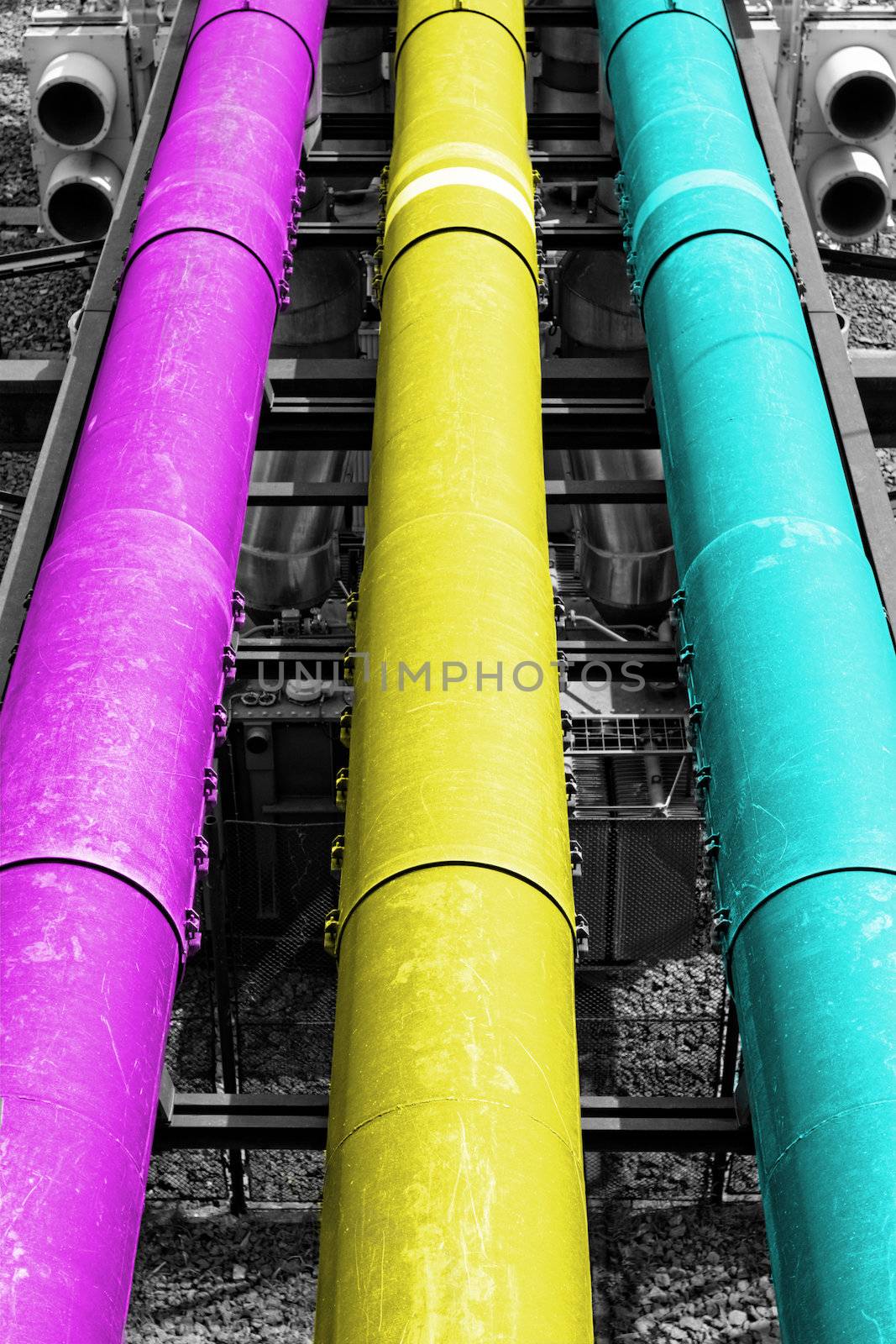 industrial pipes in a electricity power plant (CMY colors)