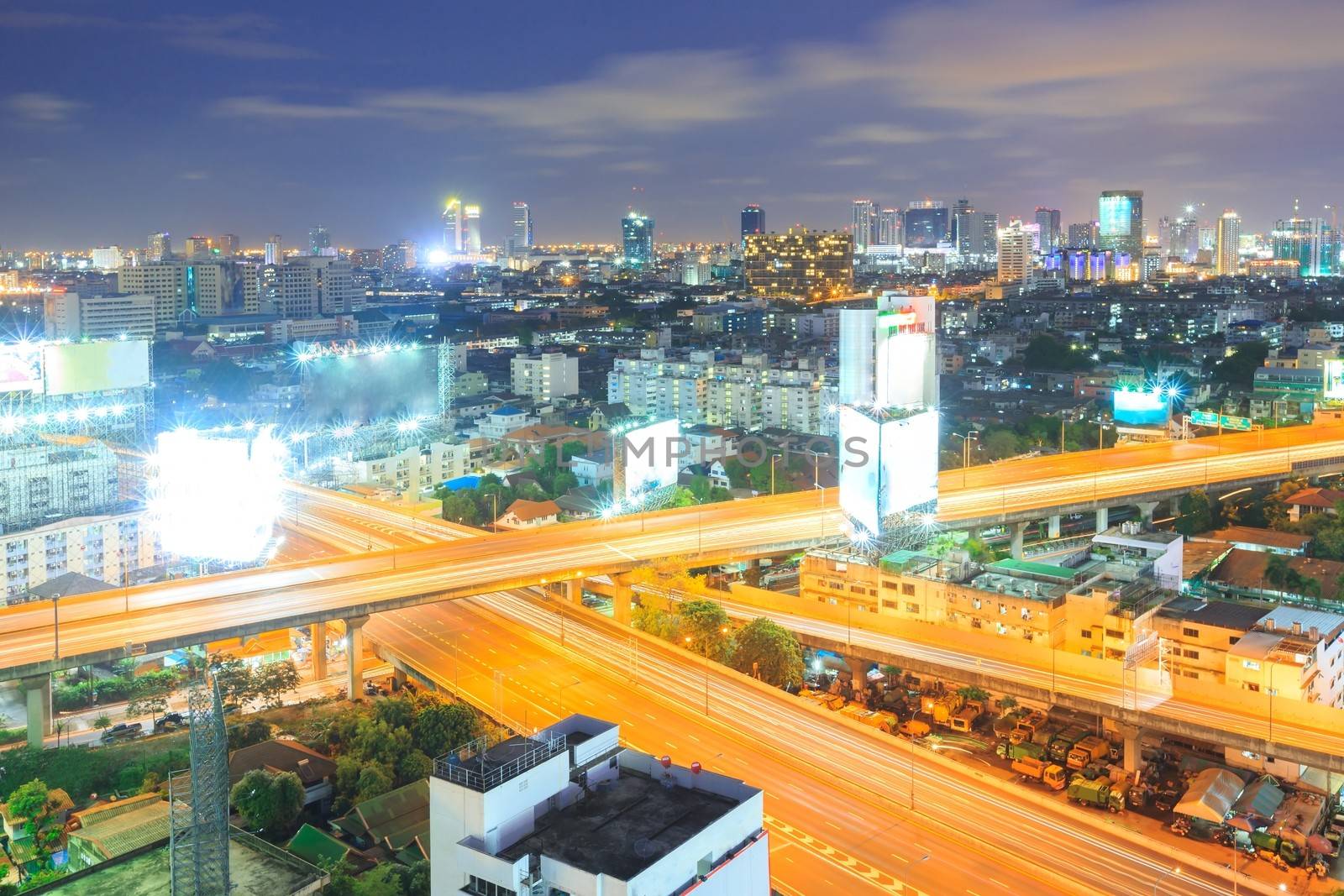 aerial view of Bangkok Highway to Downtown business area at night