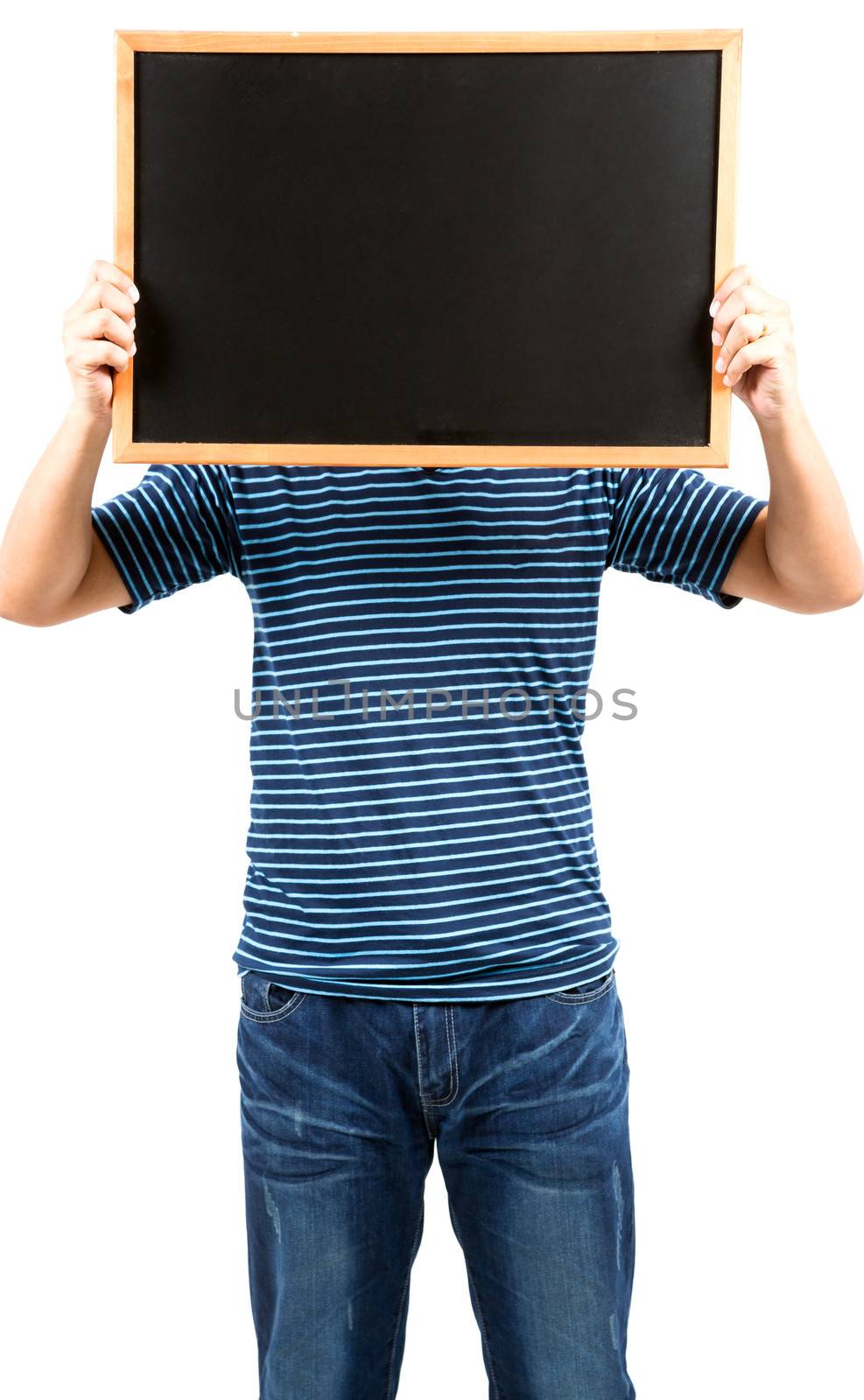 man holding blank blackboard by vichie81