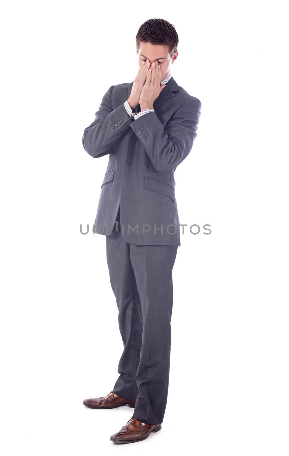 young business man worried  in front of white background