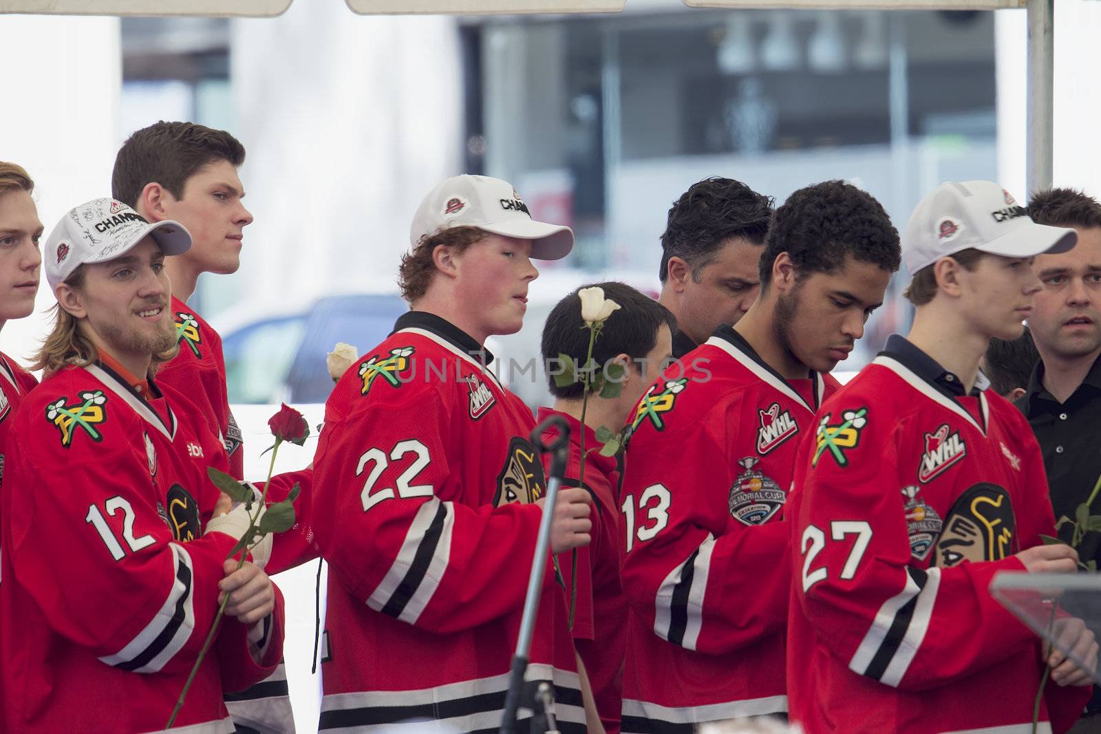 PORTLAND, OREGON - MAY 14: Portland Winterhawks Ice Hockey Team members presented with Rose at Pioneer Courthouse  on May 14, 2013, after winning the Western Hockey League Championship and bringing home the Ed Chynoweth Cup