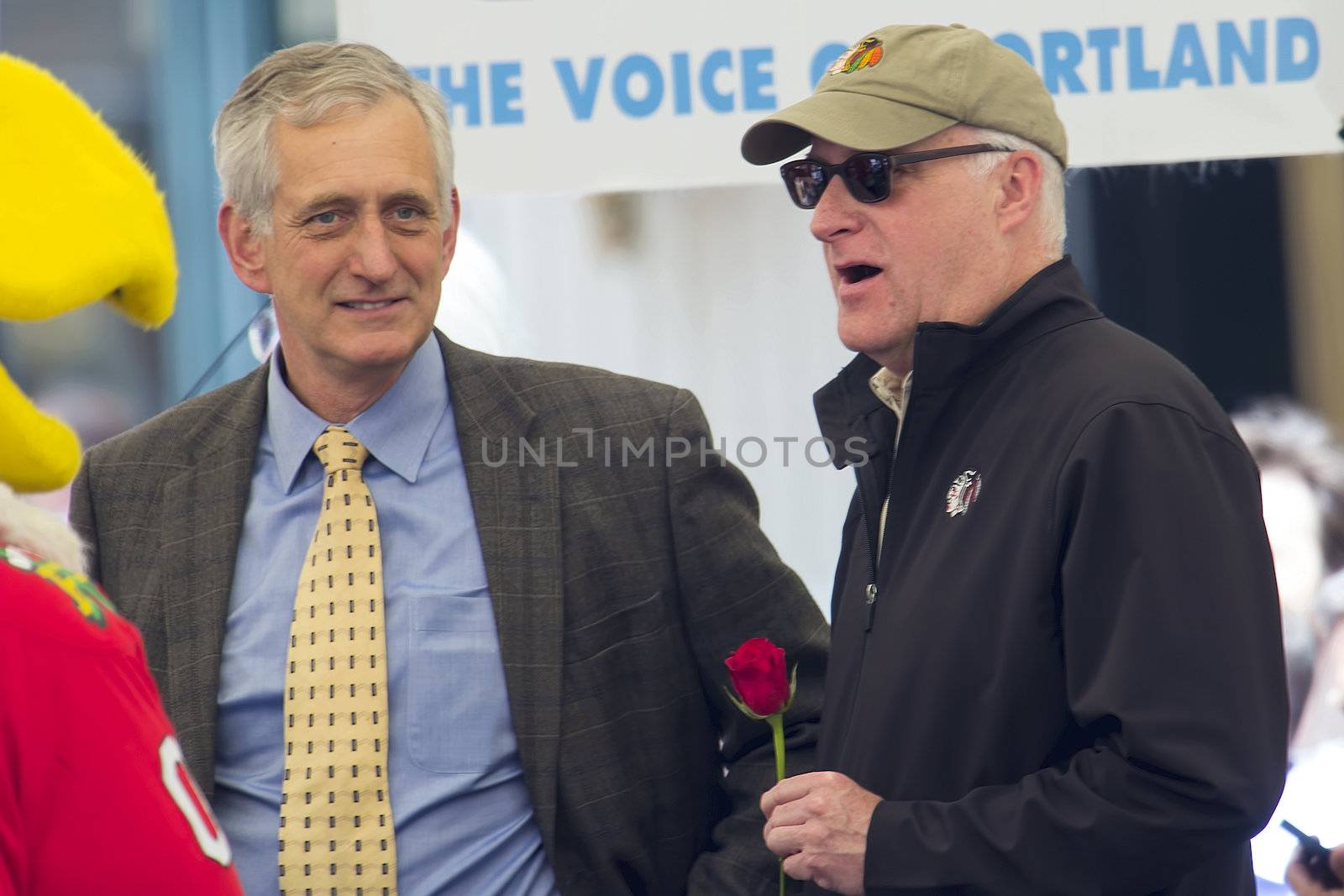 PORTLAND, OREGON - MAY 14: Portland Winterhawks Ice Hockey Team Owner Bill Gallacher with Mayor Charlie Hayes at Pioneer Courthouse on May 14, 2013, after winning the Western Hockey League Championship and bringing home the Ed Chynoweth Cup