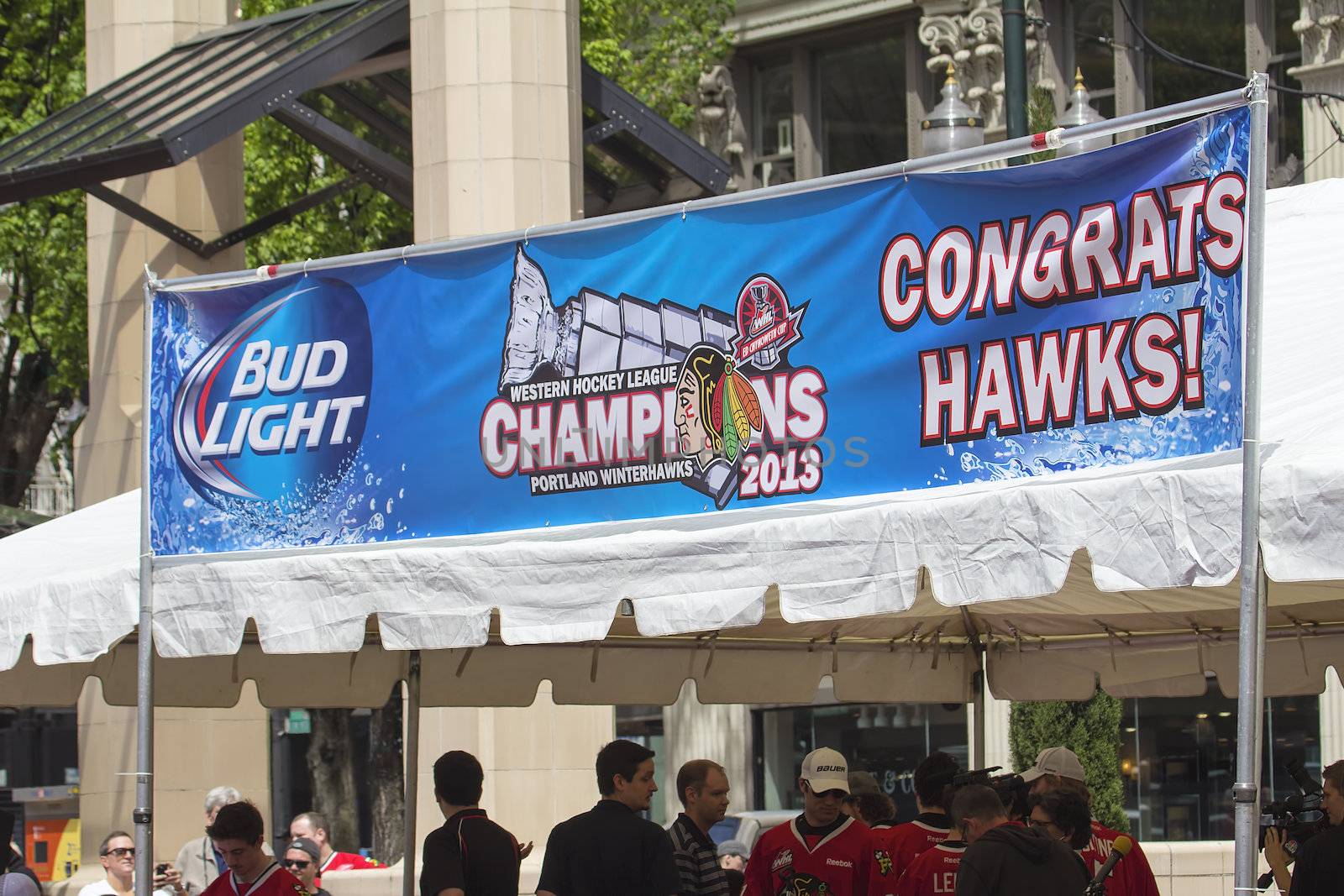 PORTLAND, OREGON - MAY 14: Portland Winterhawks Ice Hockey Team Rally at Pioneer Courthouse  on May 14, 2013, after winning the Western Hockey League Championship and bringing home the Ed Chynoweth Cup