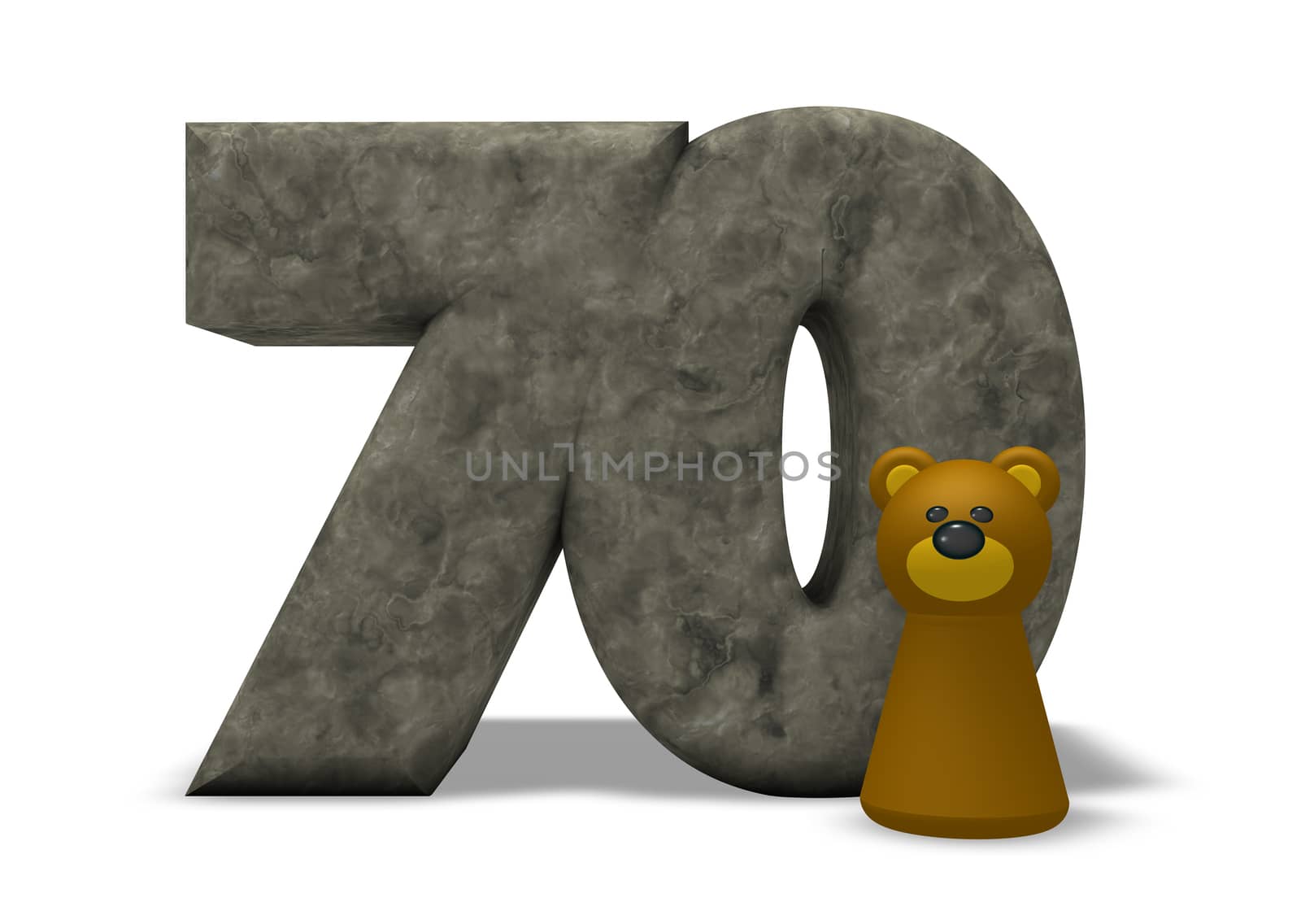 stone number seventy and brown bear - 3d illustration