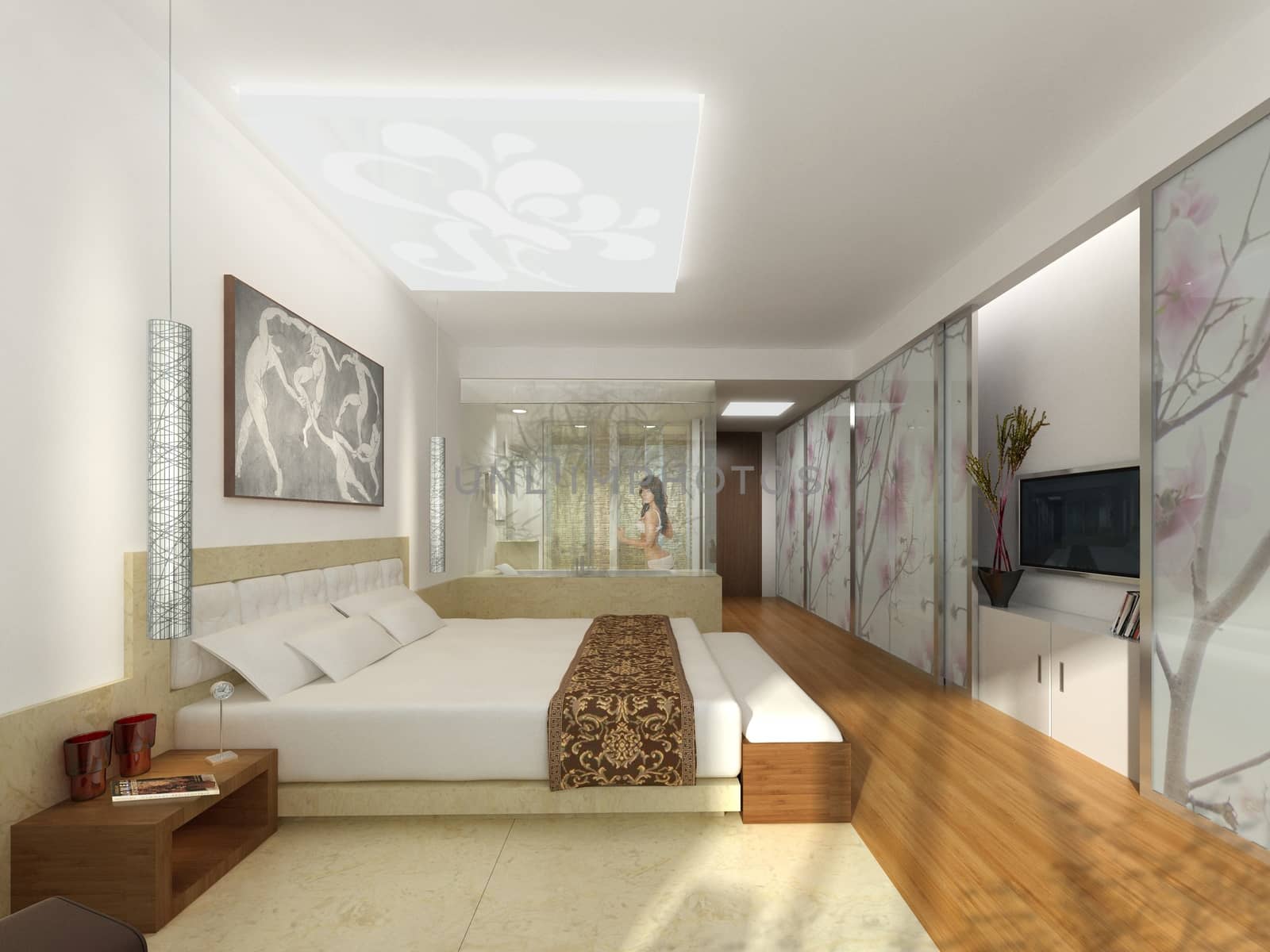 A visualization of an interior design for a living area plus hotel