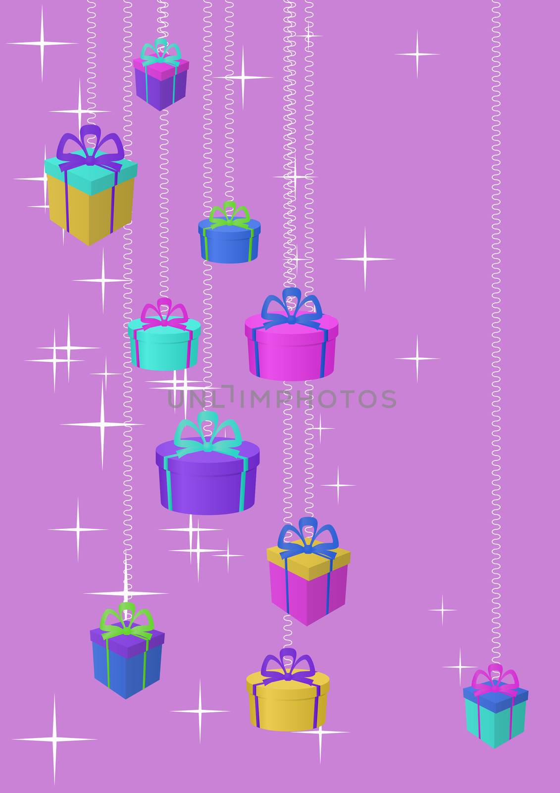 Celebratory picture: boxes with gifts on a colour background with stars