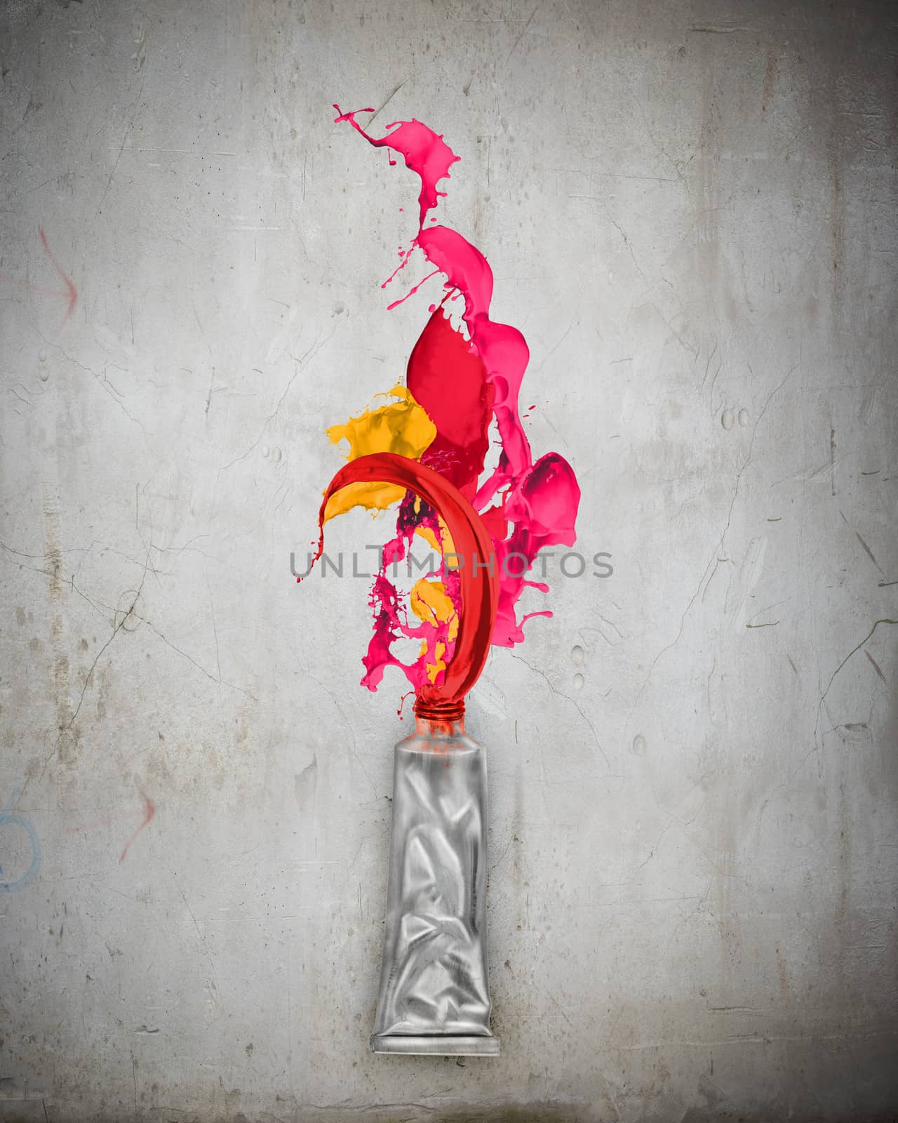 Image of paint tube with color splashes