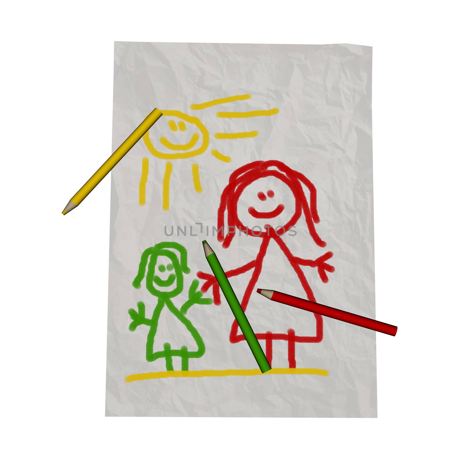 A white, wrinkled piece of paper with a child's drawing on it and pencils, isolated on white background, 3D digital render  