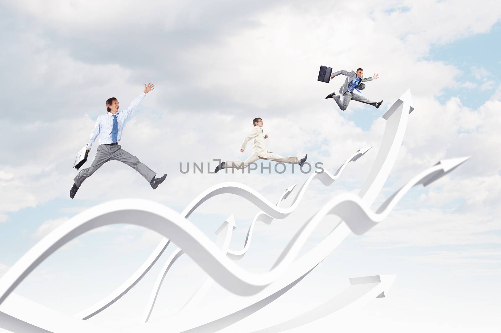 Young businesspeople jumping on white arrows. Growth concept