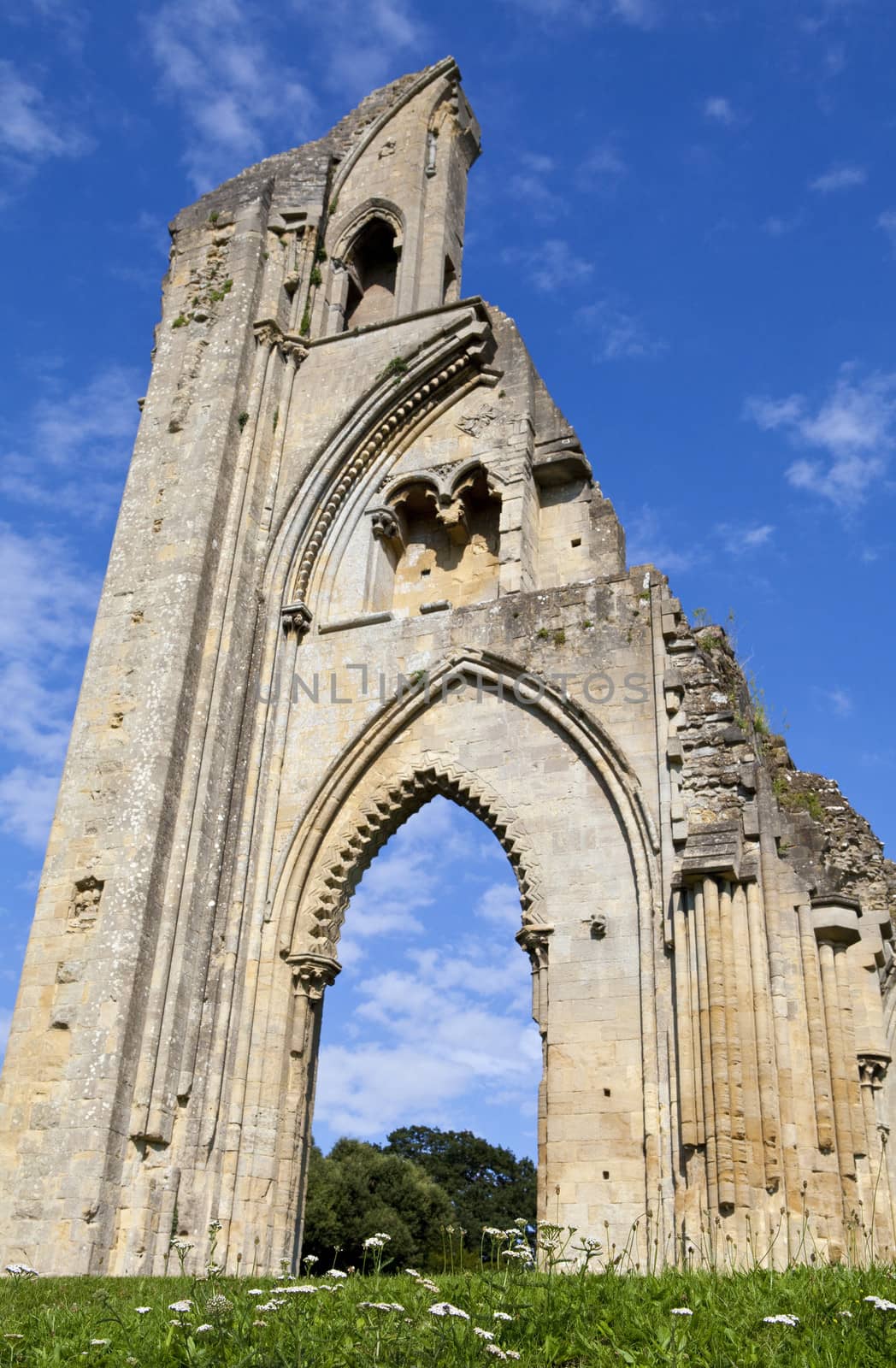 The historic ruins of Glastonbury Abbey in Somerset, England.