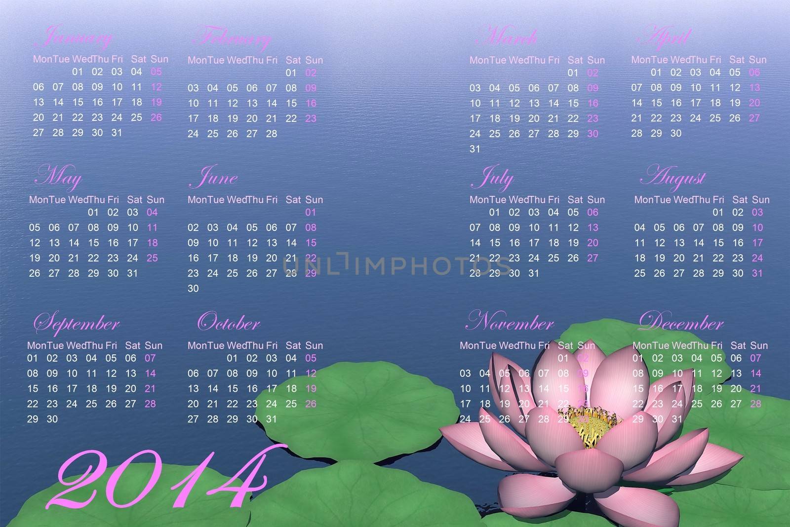 Calendar for 2014 with beautiful lotus flower and green leaves on water