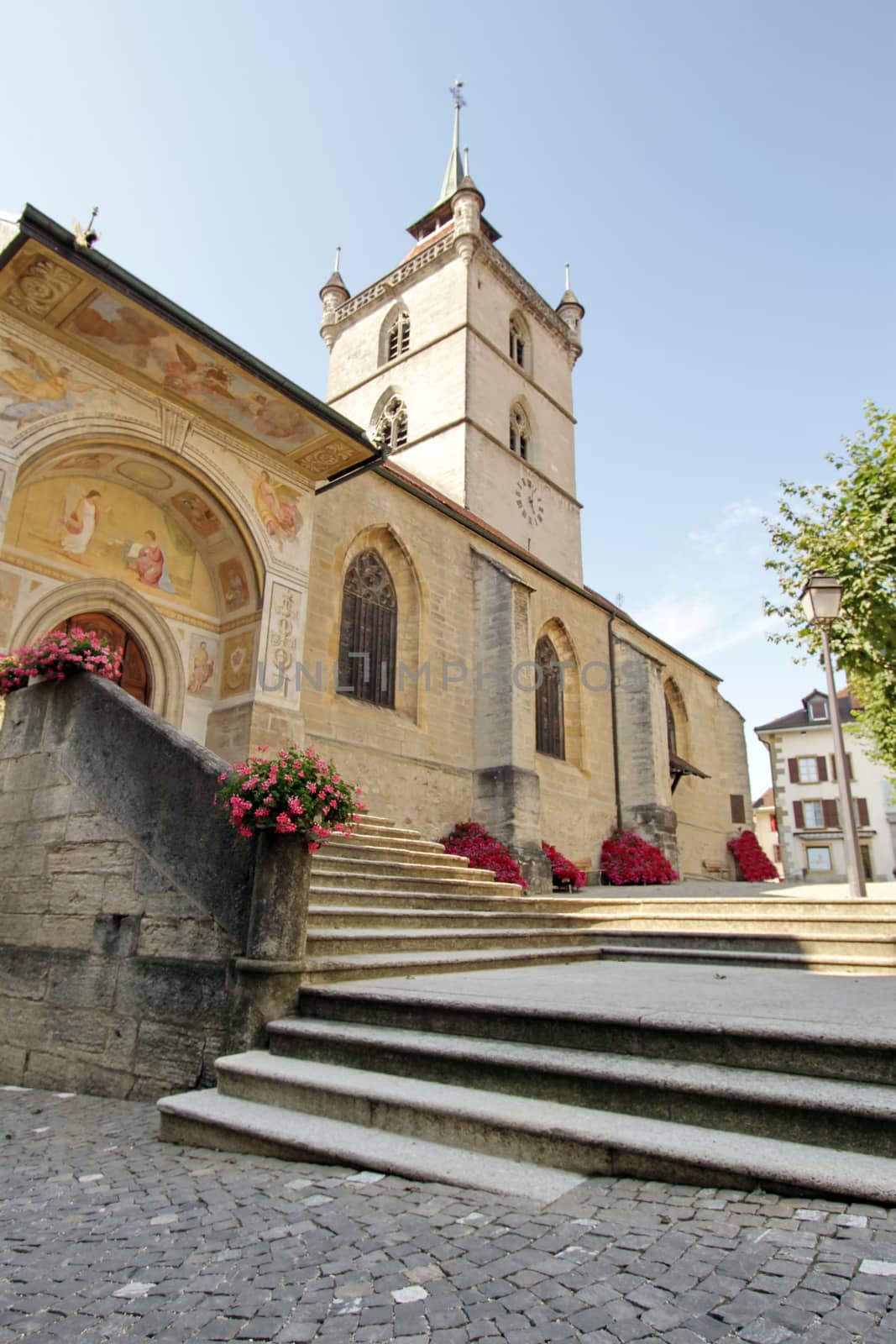 Frontview of catholic Church at Estavayer-le-Lac by, Fribourg canton, Switzerland.