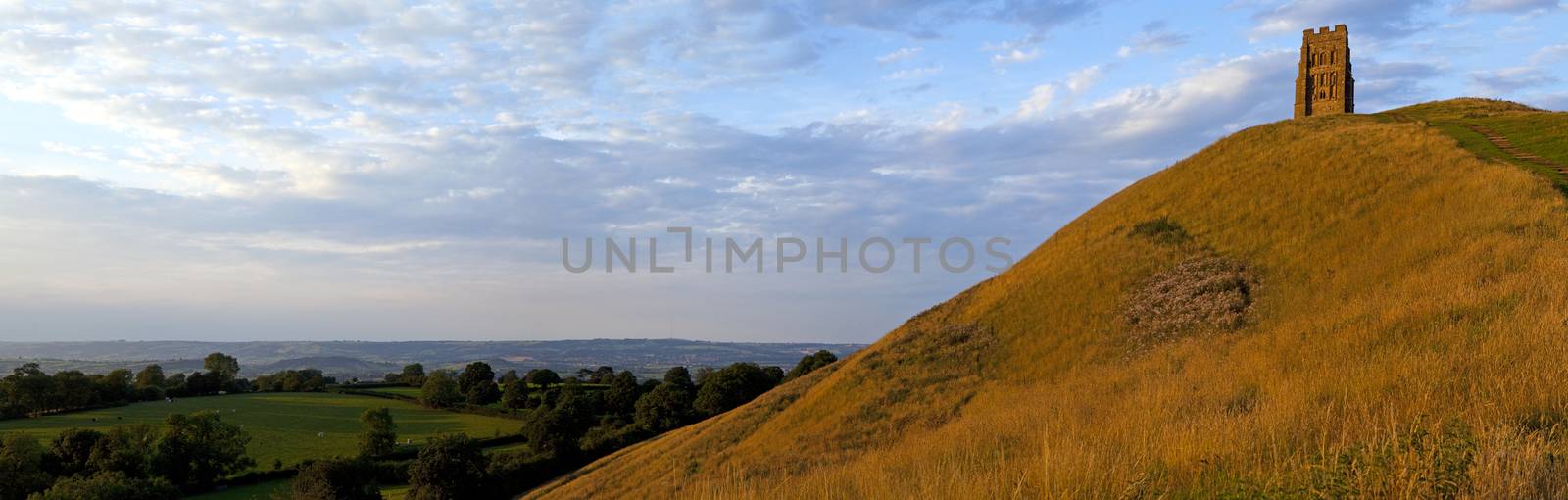 Panoramic shot of the Glastonbury Tor in Somerset, England.