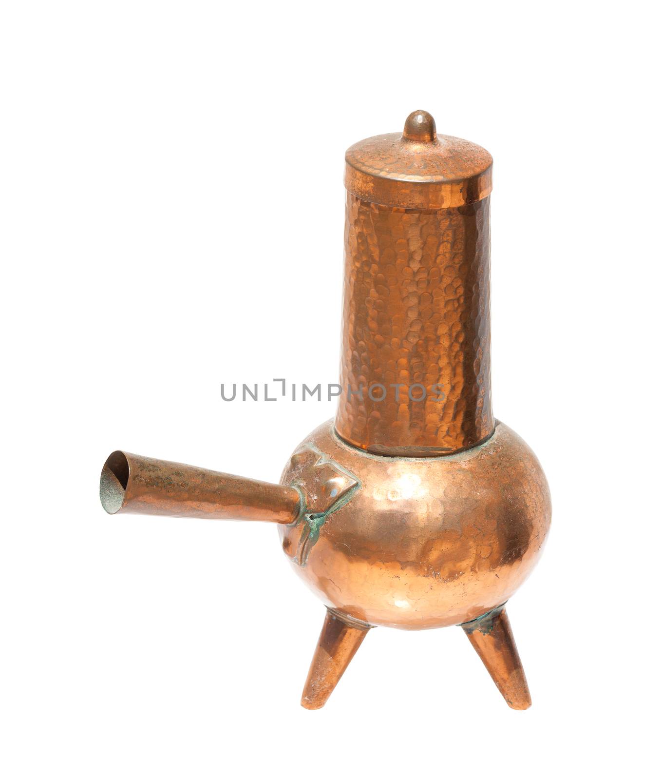 Antique copper coffeepot, closeup isolated on white background