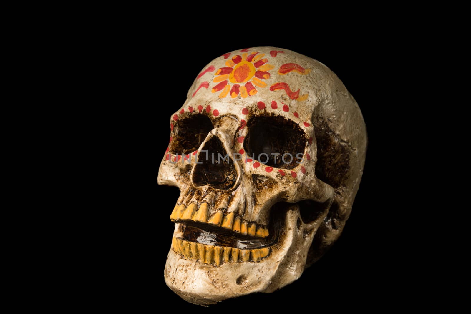 Hand painted Dia de los Muertos (Day of The Dead) skull isolated on black background