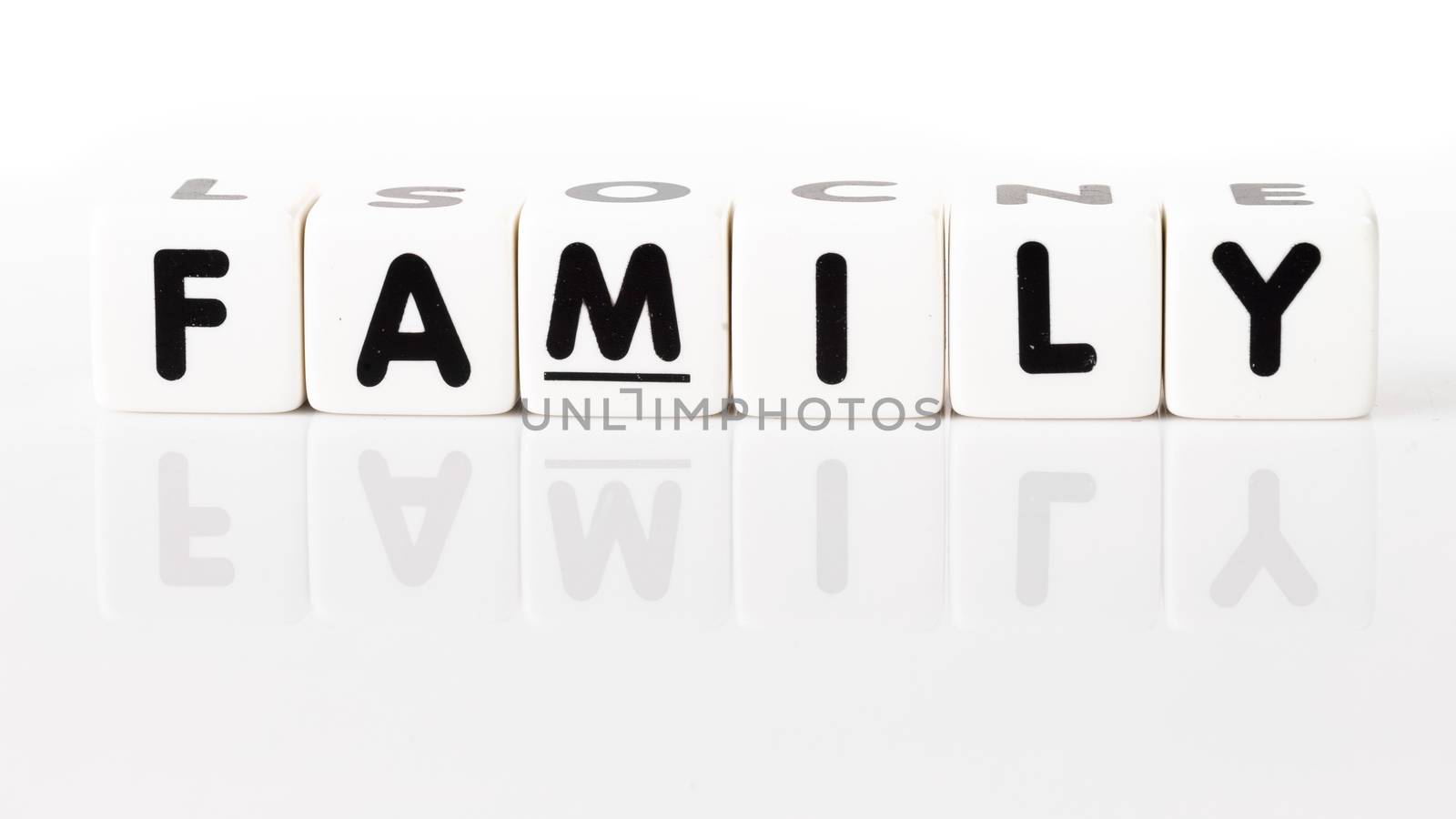 Family spelled in dice letters with reflection isolated on white background