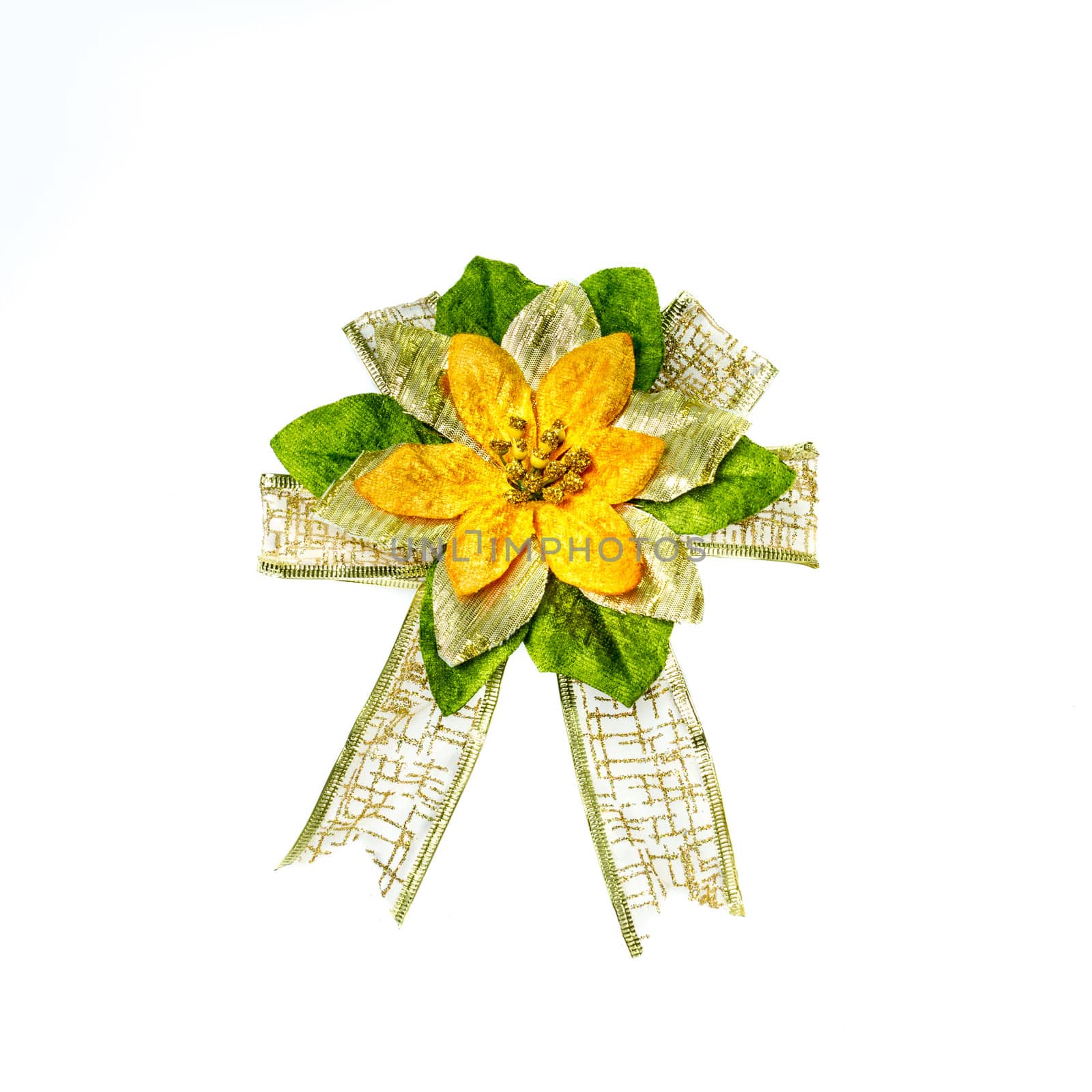 yellow and green fabric ribbon bow isolated on white