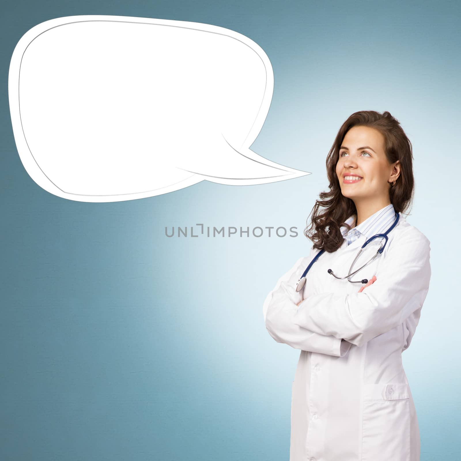 young woman doctor says cloud over his head, place for text