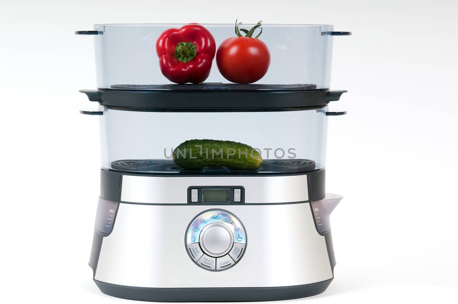 modern electric steamer with fresh vegetables on a white background 