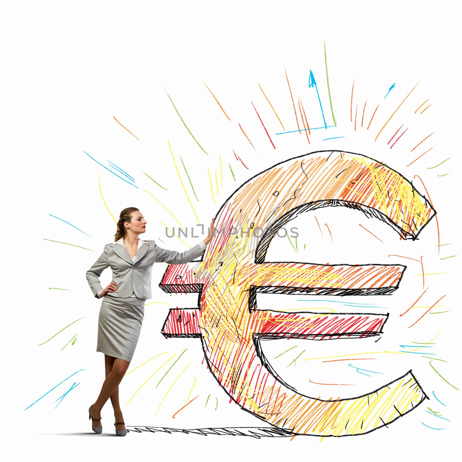 Businesswoman leaning on euro sign by sergey_nivens