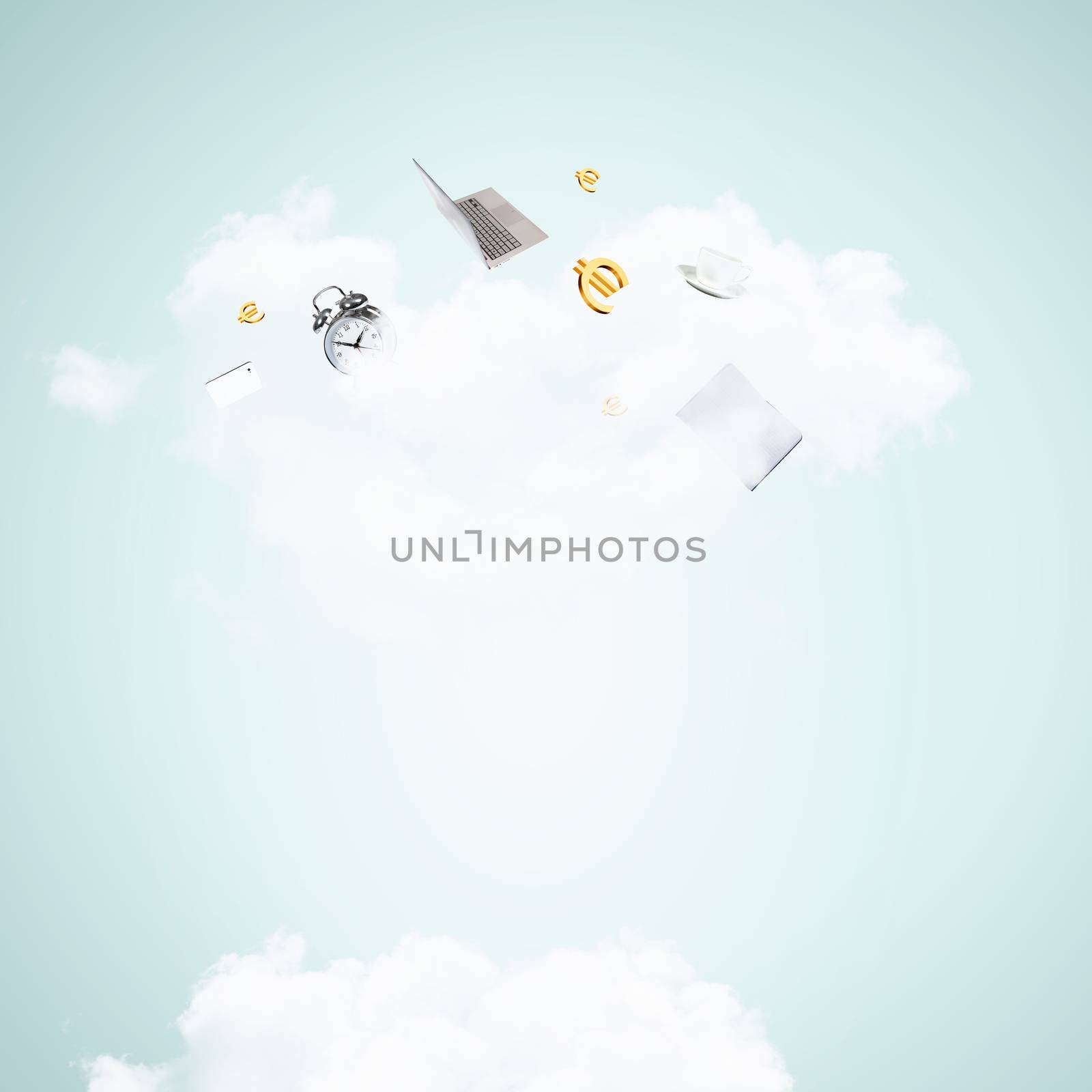 Abstract light blue background with various objects