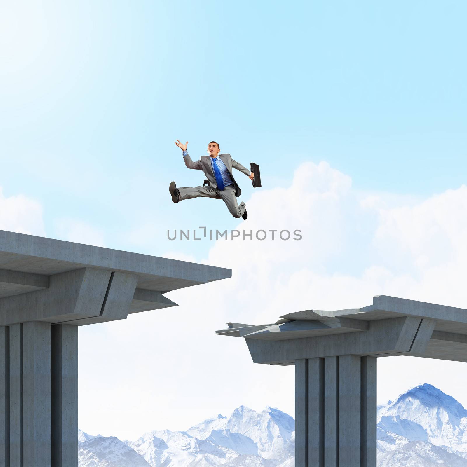 Businessman jumping over a gap in the bridge as a symbol of bridge