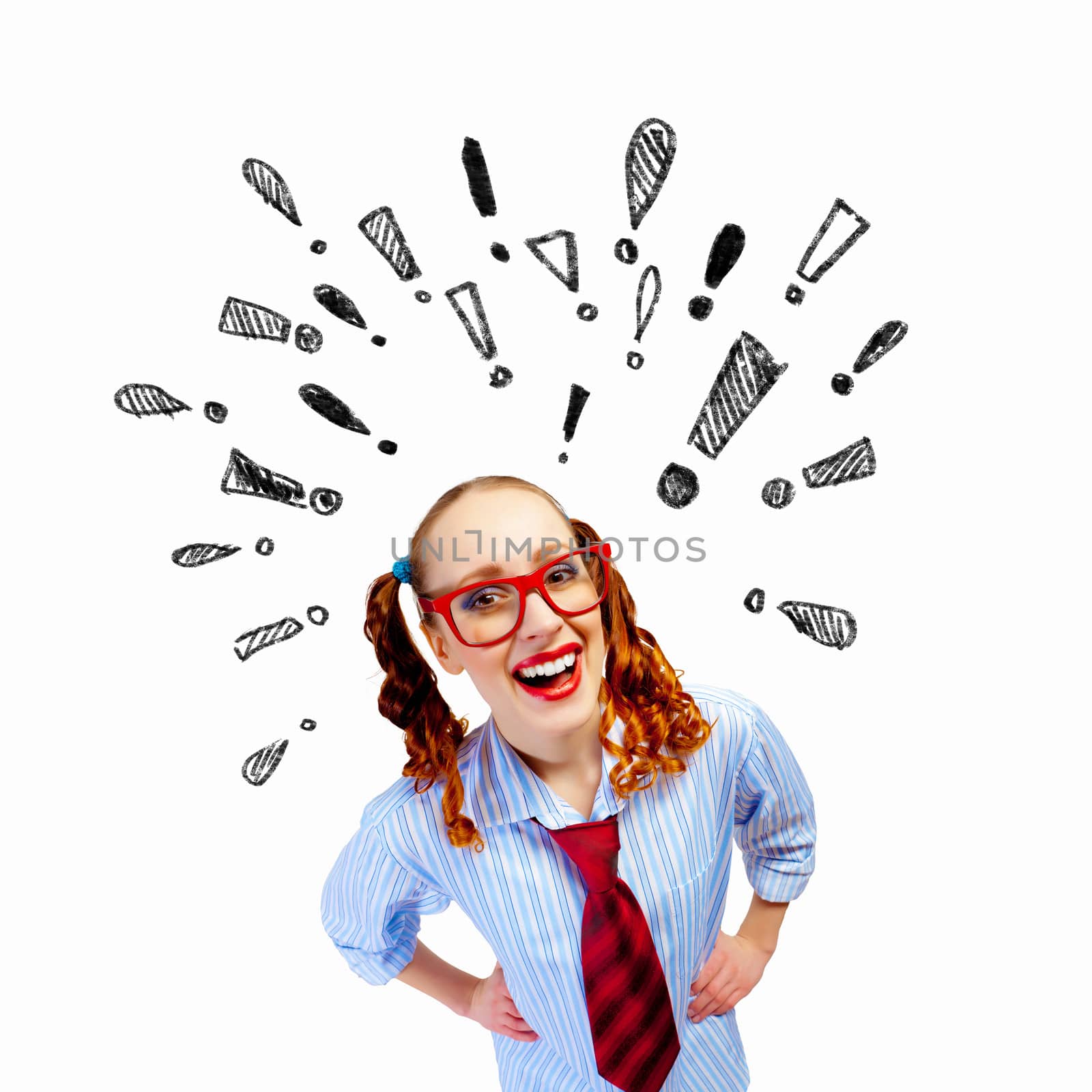 Funny girl in red glasses with exclamation signs