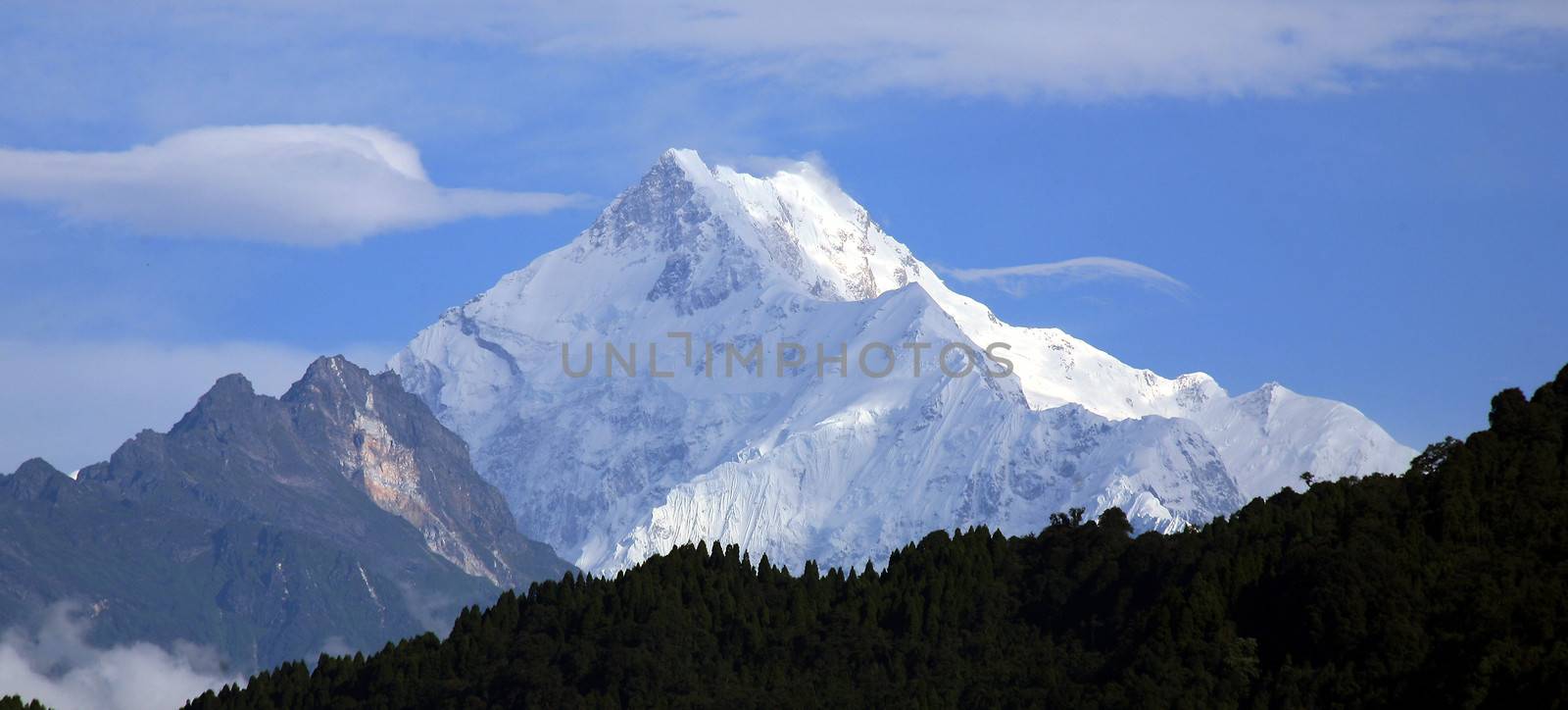 Kangchenjunga or Kanchenchunga - India's highest peak in the Himalayas, state of Sikkim, border to Nepal, view from Gangtok. Third highest mountain in the world.