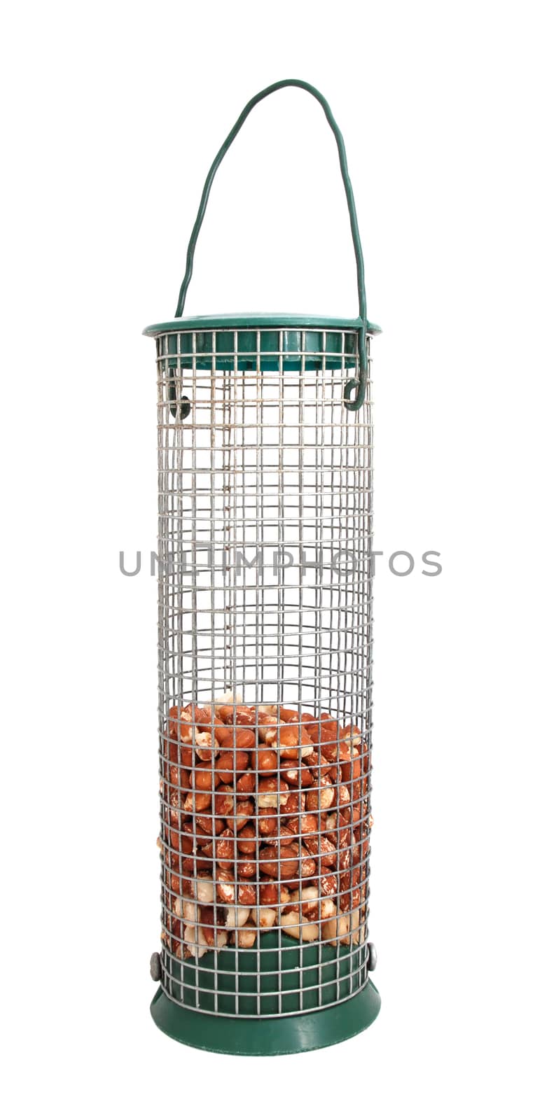 Bird feeder half full of peanuts, isolated on a white background