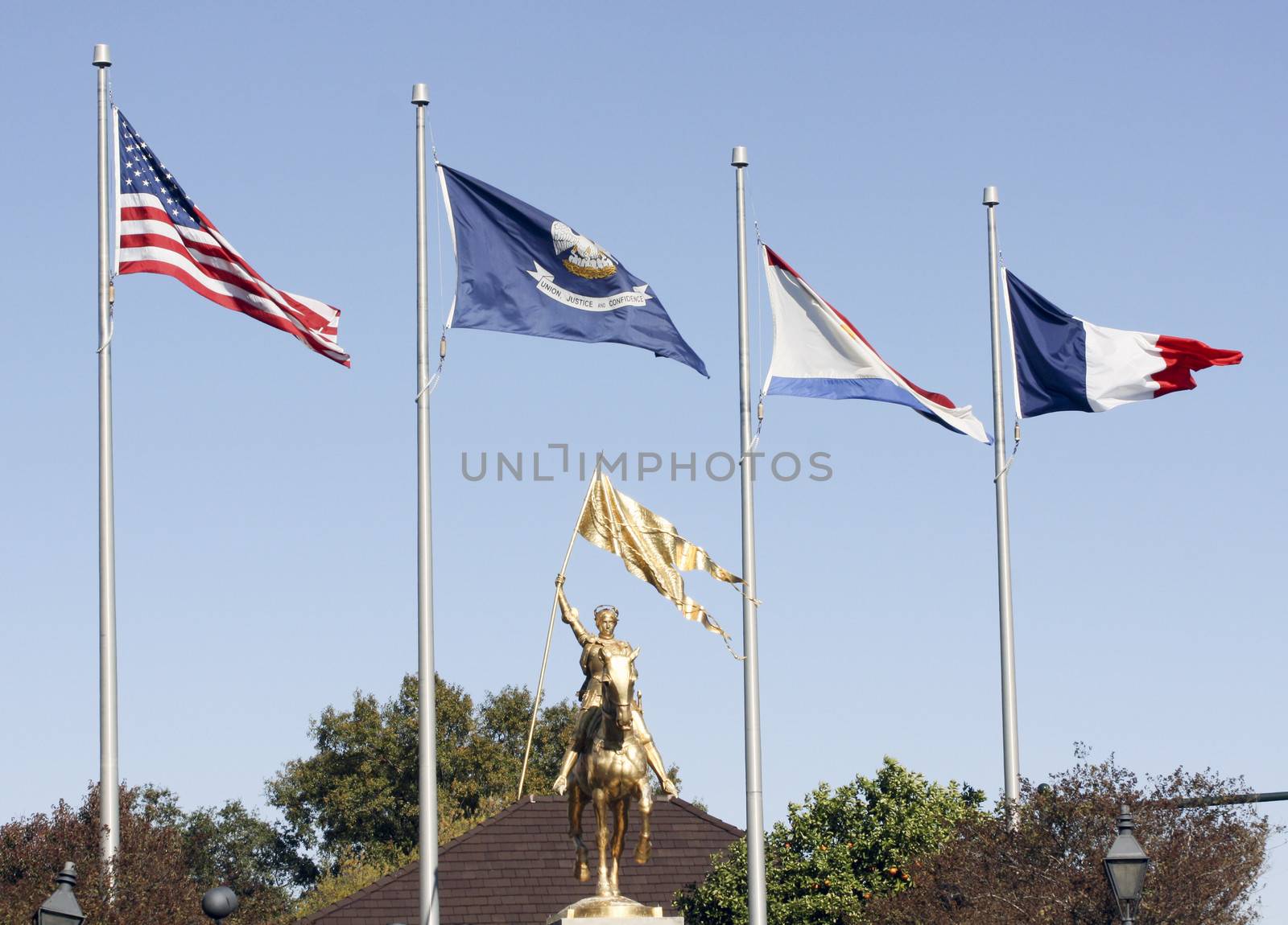 Landscape of Joan of Arc statue under flags on Decatur Street in New Orleans, Louisiana