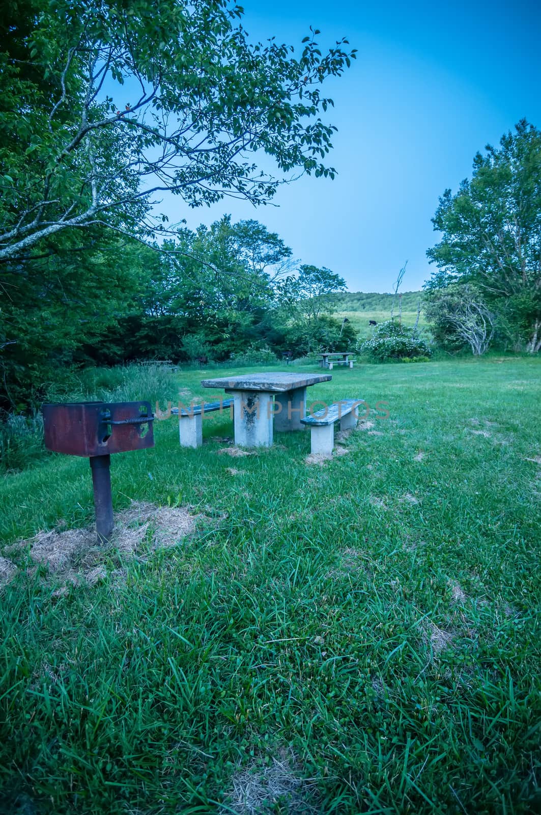 picnic table and grill at dusk in the mountains