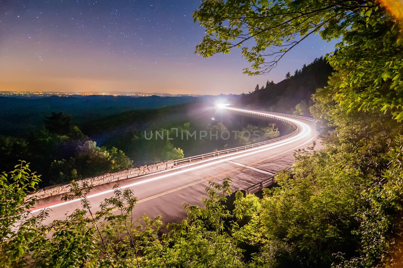 linn cove viaduct in blue ridge mountains at night