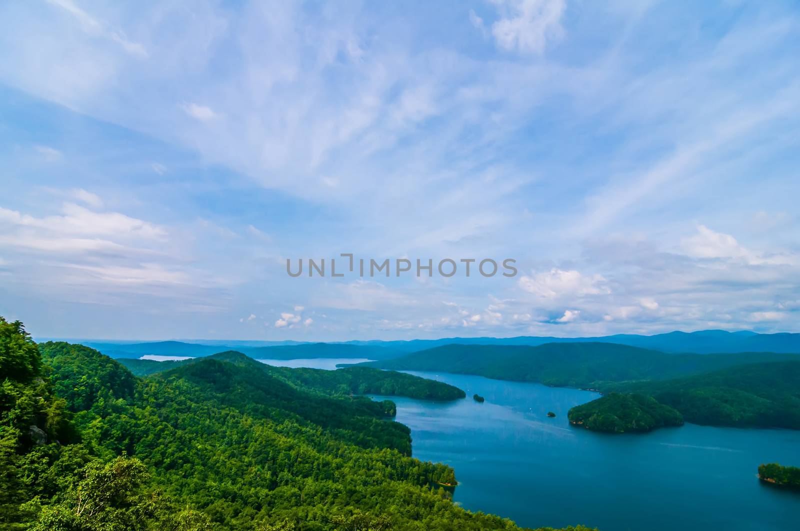 aerial views over South Carolina Lake Jocassee Gorges Upstate Mountains