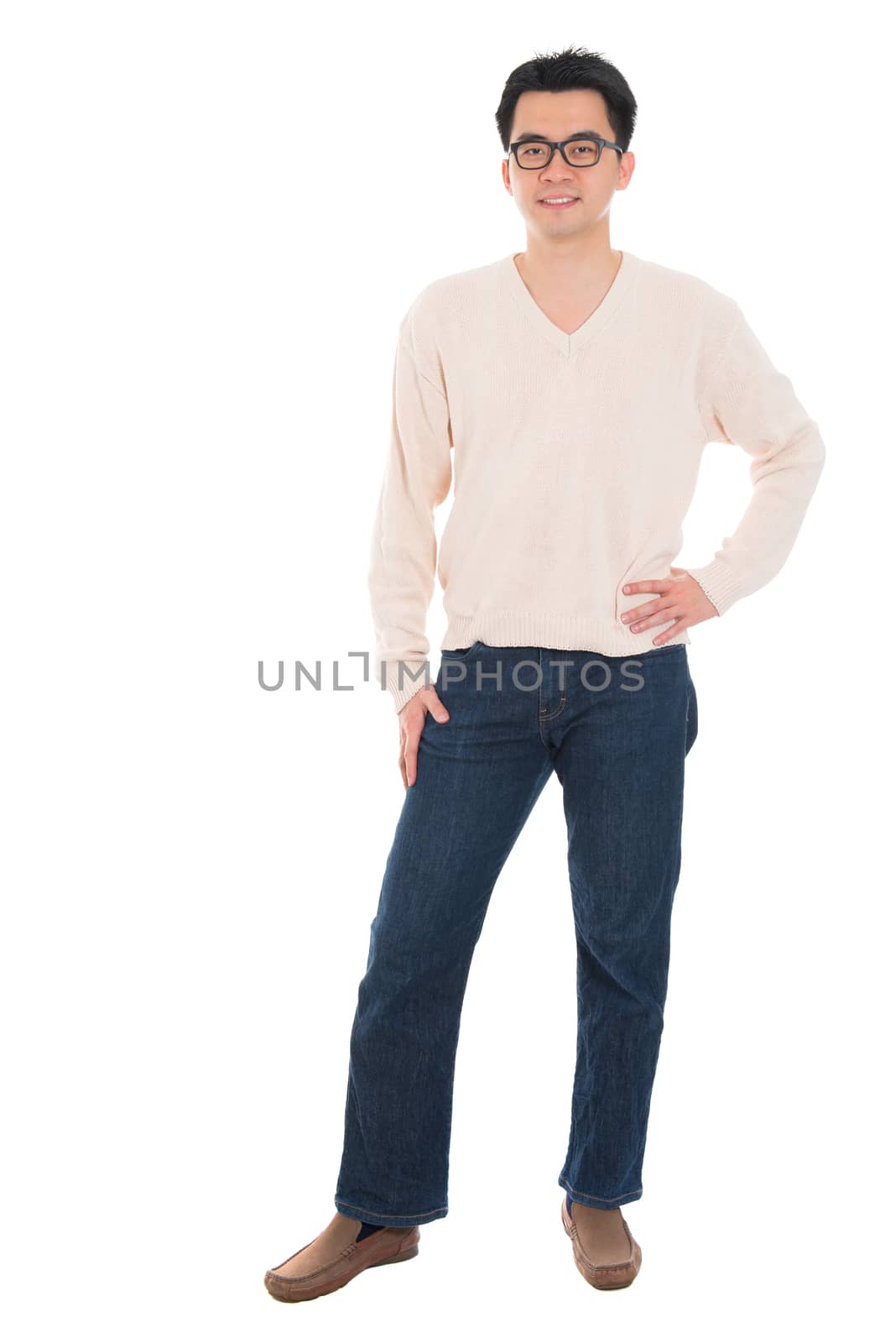 Full body Asian man in casual wear standing isolated on white background. Asian male model.