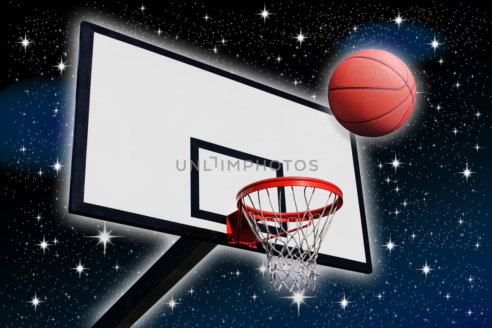 a basketball and a panel of basketball on a background of starry sky
