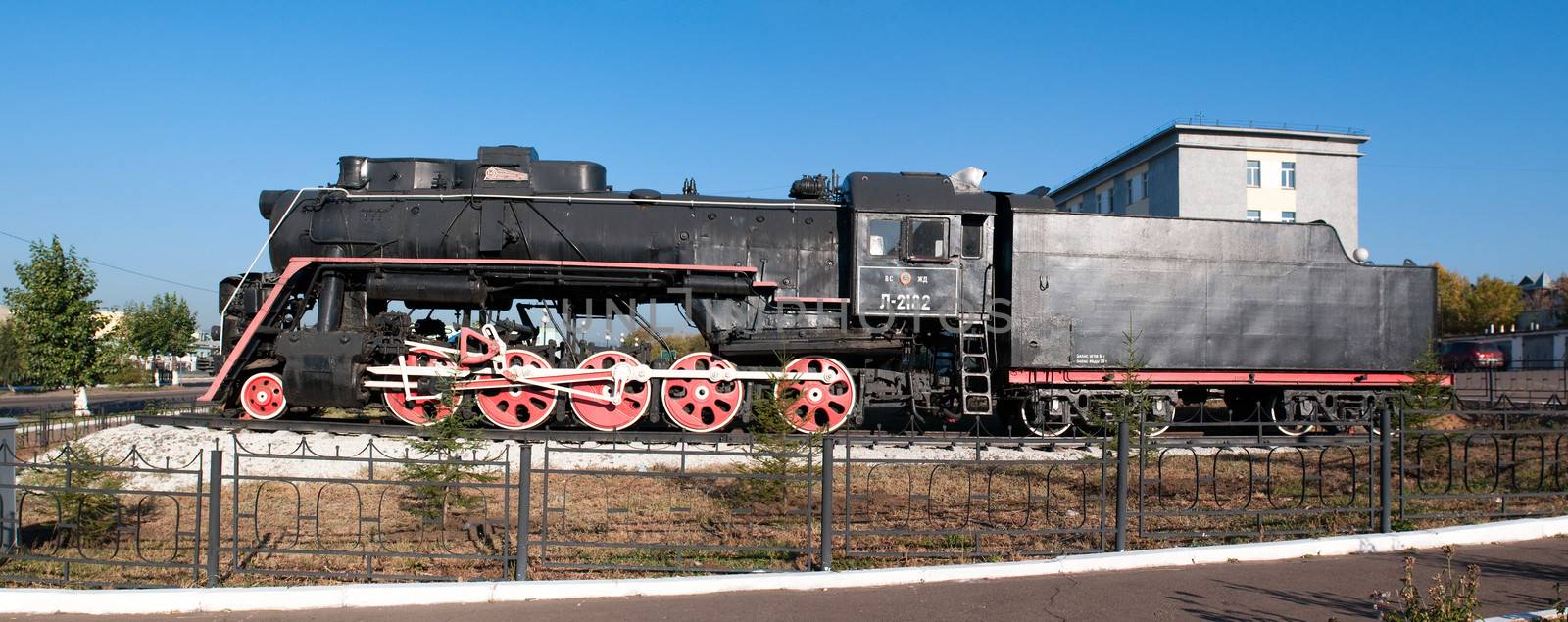 Monument of old steam locomotive. Ulan-Ude, capital city of the Buryat Republic, Russia