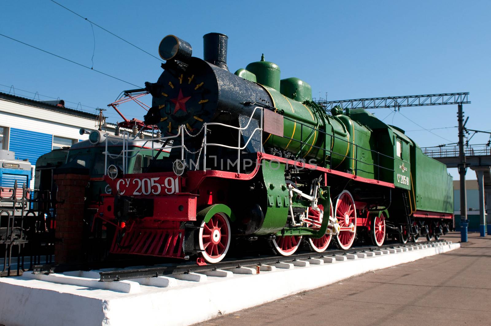 Monument of old steam locomotive. Ulan-Ude, capital city of the Buryat Republic, Russia