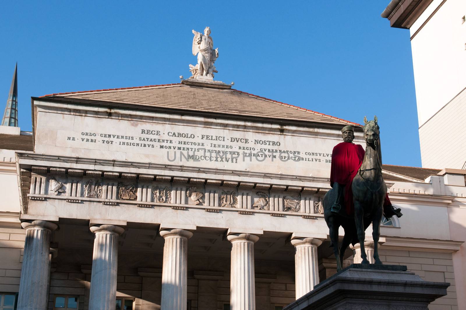 A statue of Giuseppe Garibaldi in front of Theater Carlo Felice on Piazza de Ferrari on Genoa. Italy.