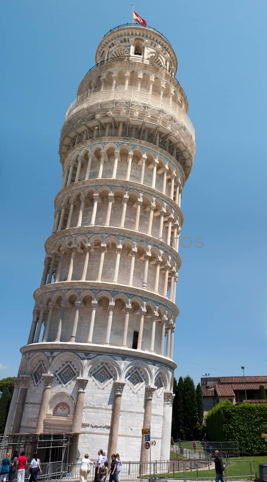 Crowds of tourists visit the leaning tower of Pisa. Piazza dei miracoli, Pisa, Italy.