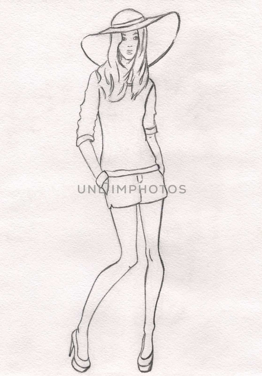The pencil sketch of fashion model in a hat and shorts