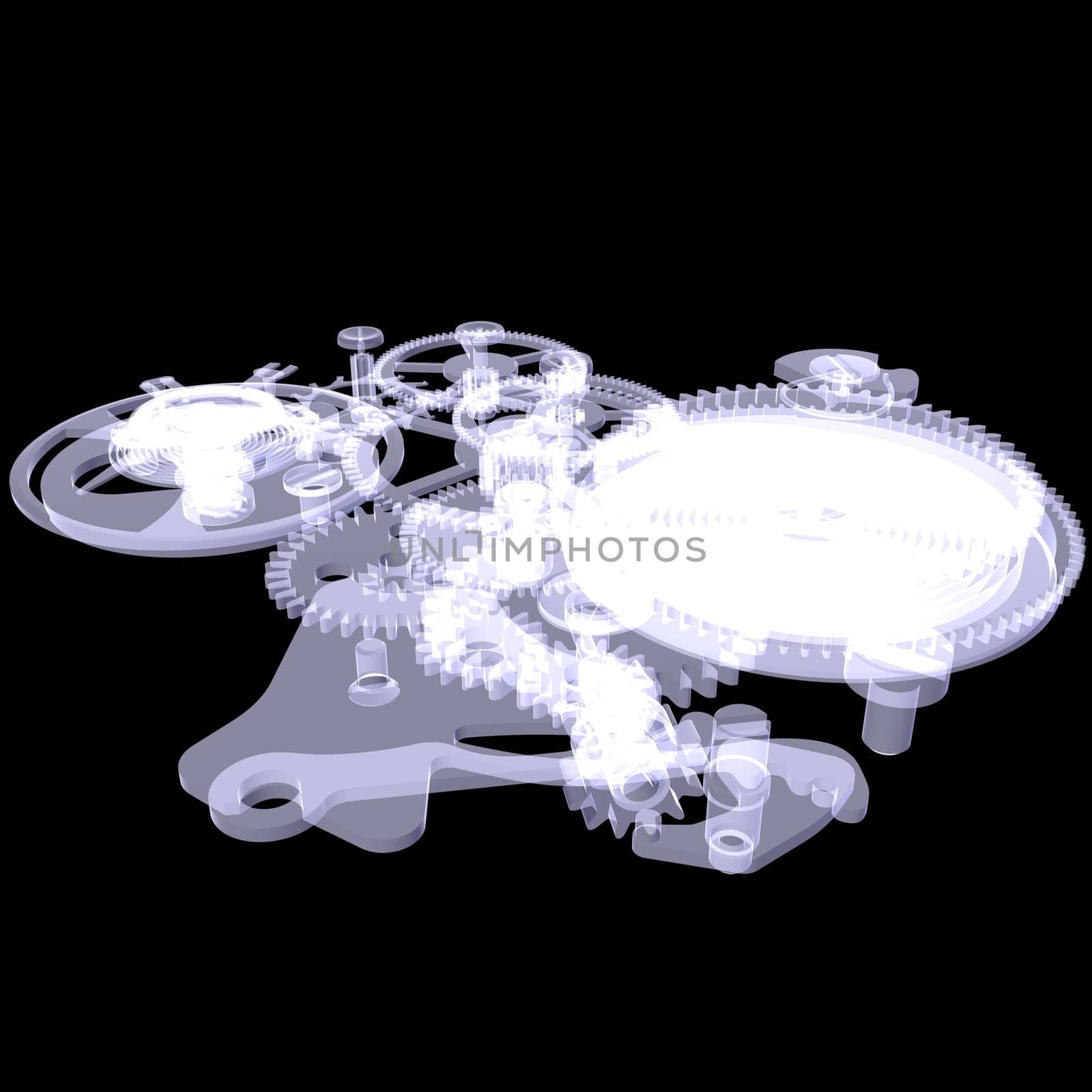 Clock mechanism. Isolated X-ray render on a black background