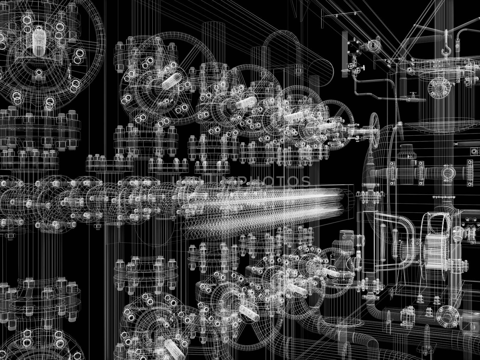 Industrial equipment. Wire-frame render isolated on a black background