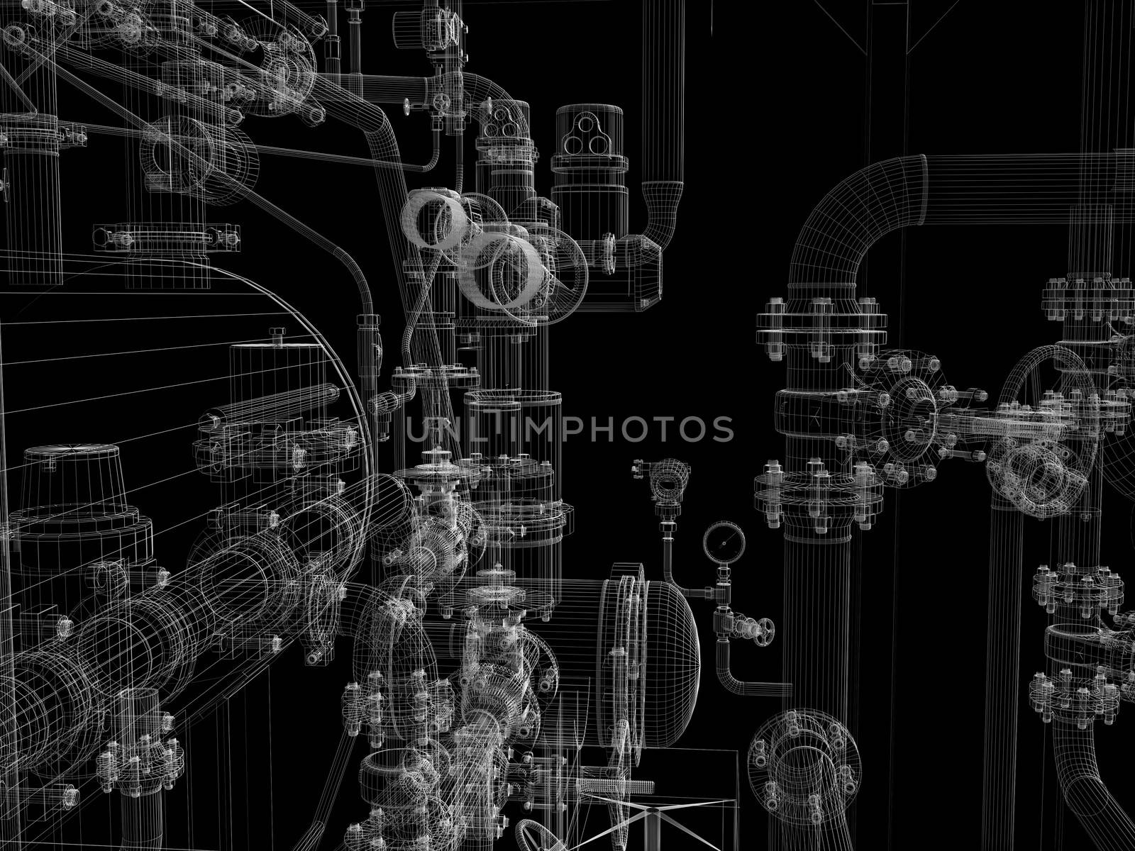 Industrial equipment. Wire-frame render isolated on a black background