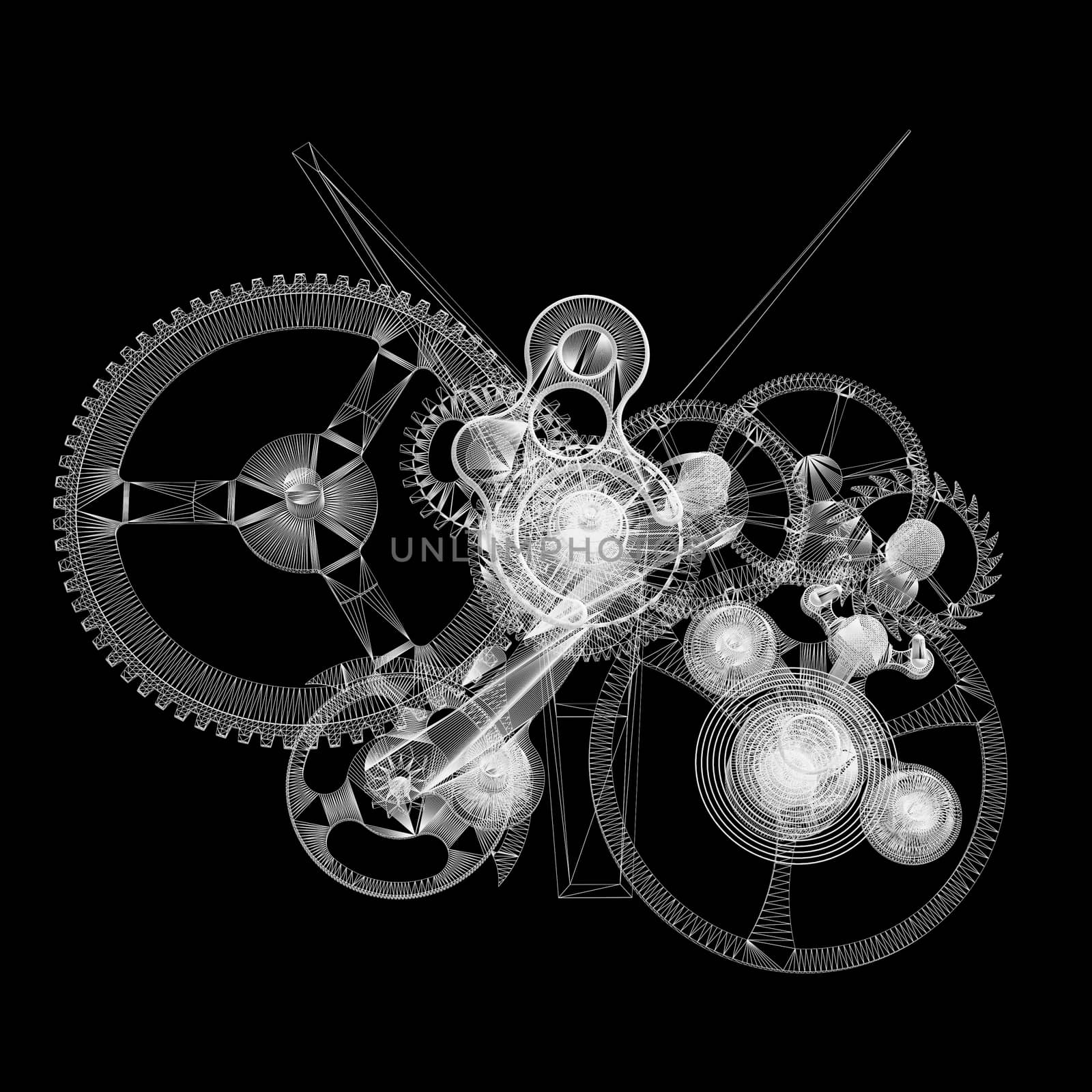 Clock mechanism. Isolated wire-frame render on a black background