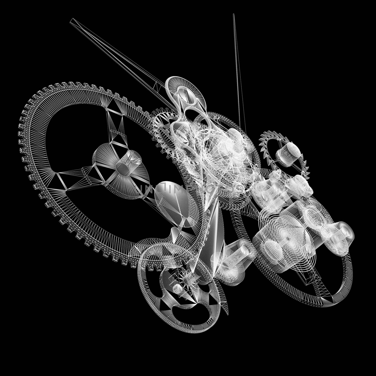 Clock mechanism. Isolated wire-frame render on a black background