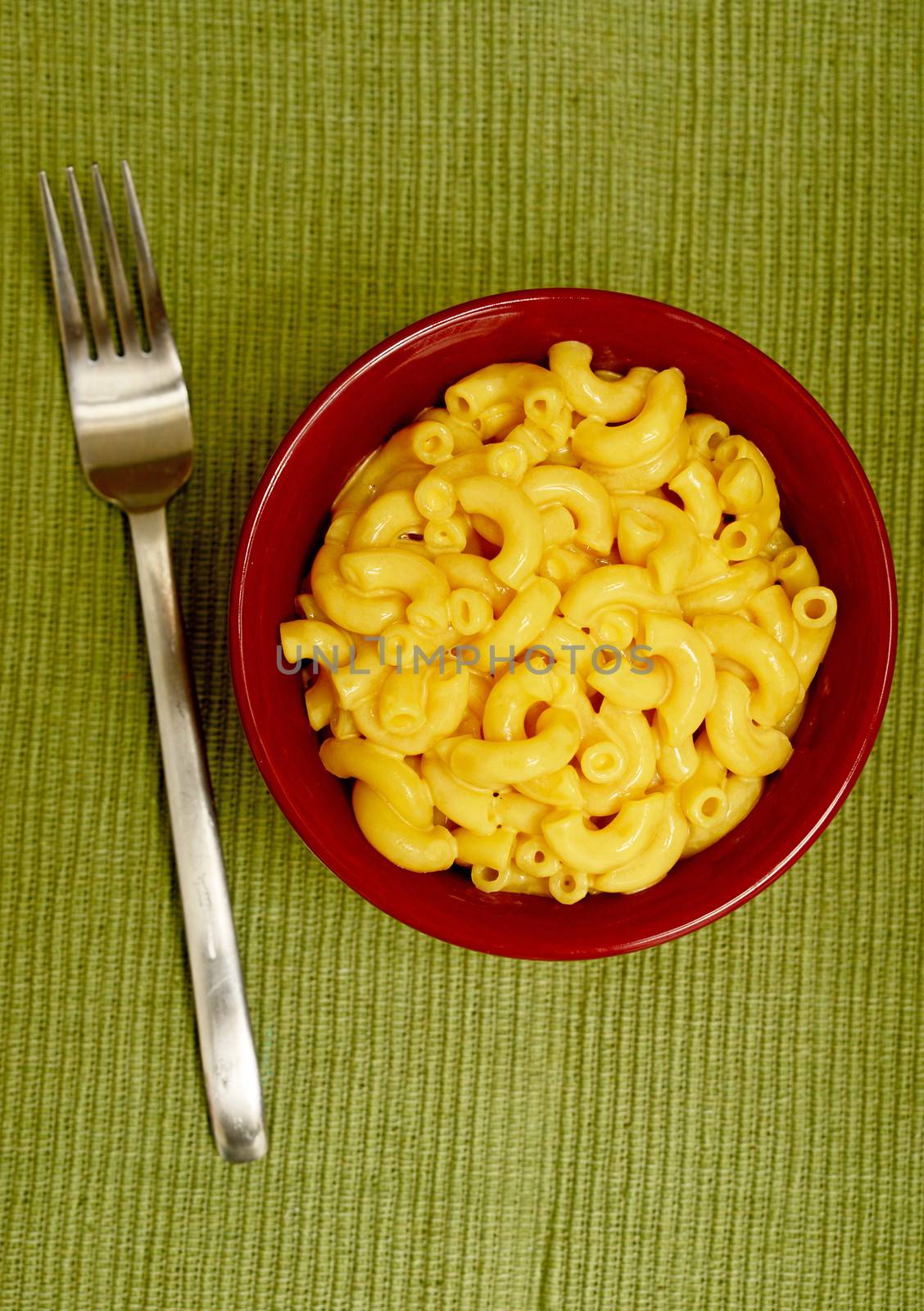 mac and cheese with fork on green background for lunch