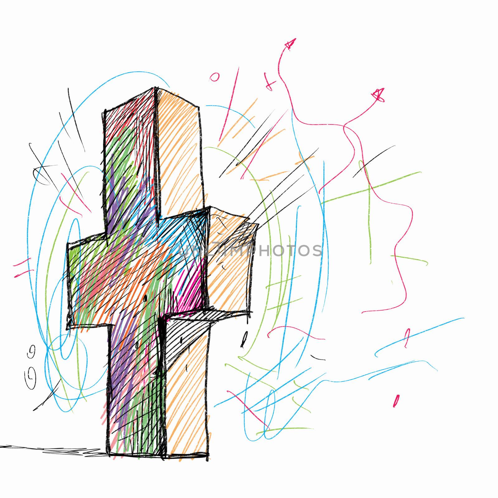 Sketch image of cross against white background